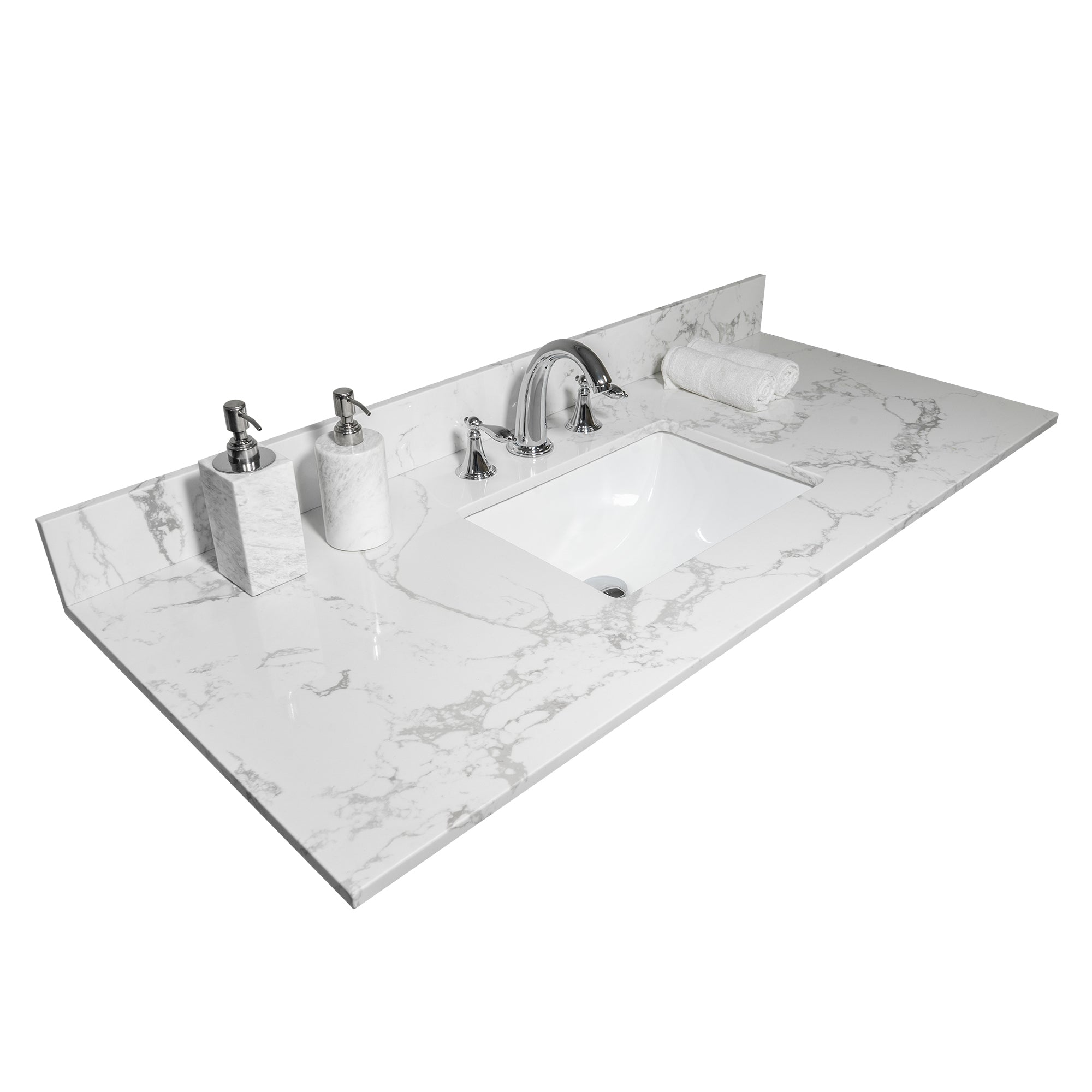 43" x 22" bathroom stone vanity top  engineered stone carrara white marble color with rectangle undermount ceramic sink and  3 faucet hole with back splash .