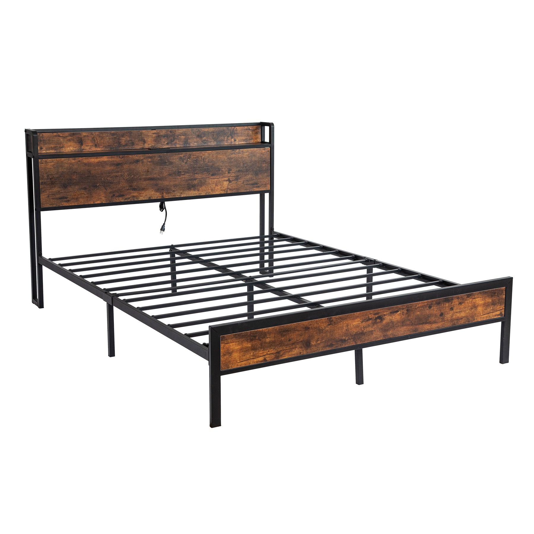 Black Full Metal Bed Frame with Wooden Headboard and and Footboard and Iron Slats