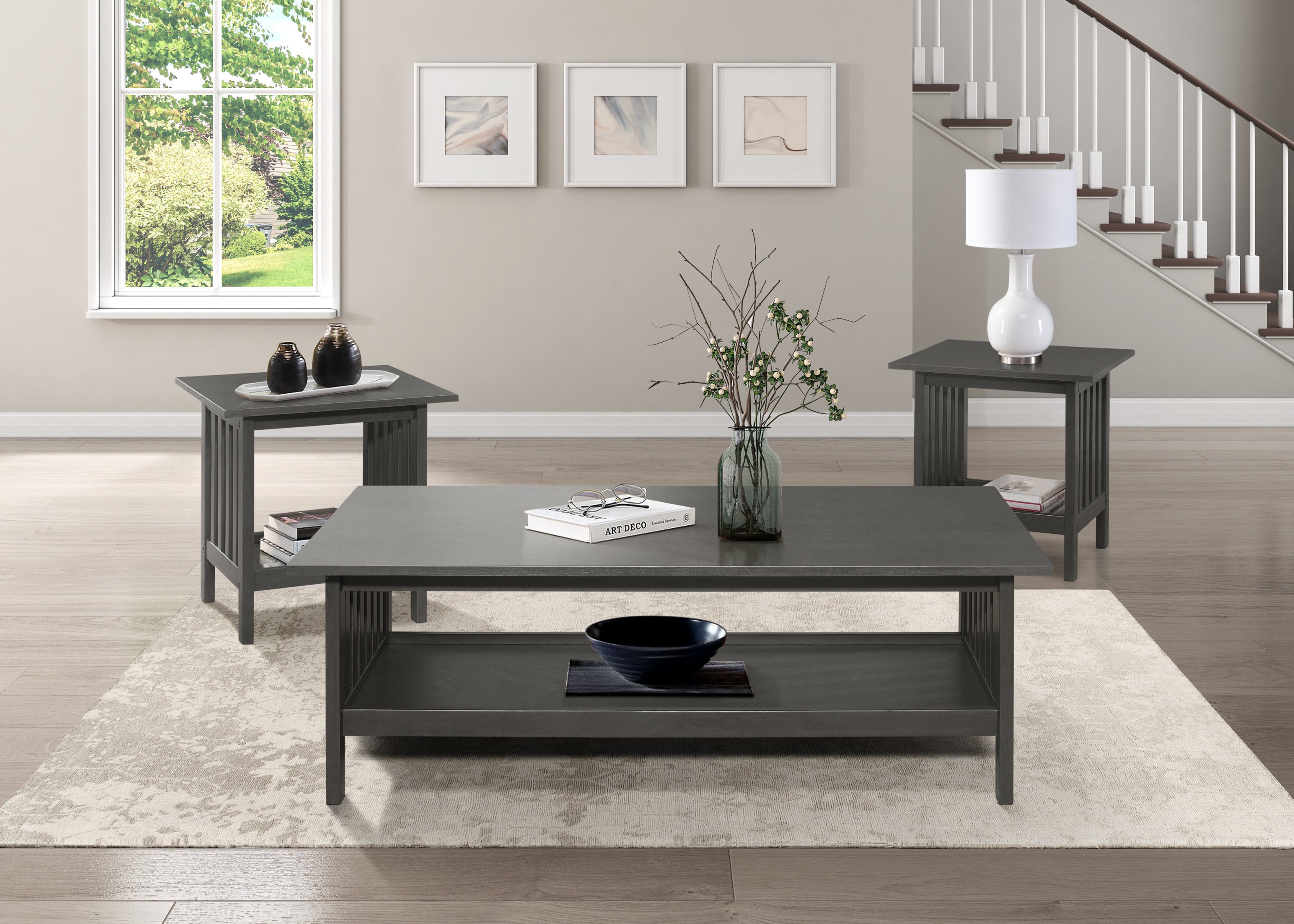 Classic Style Coffee Table and Two End Table Set Antique Gray Finish 3pc Occasional Table Set Wooden