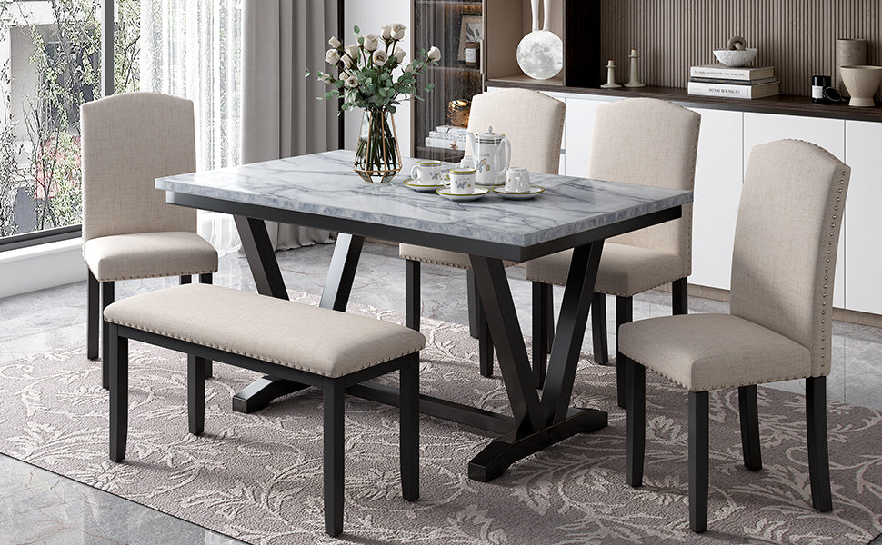 Modern Style 6-piece Dining Table with 4 Chairs & 1 Bench