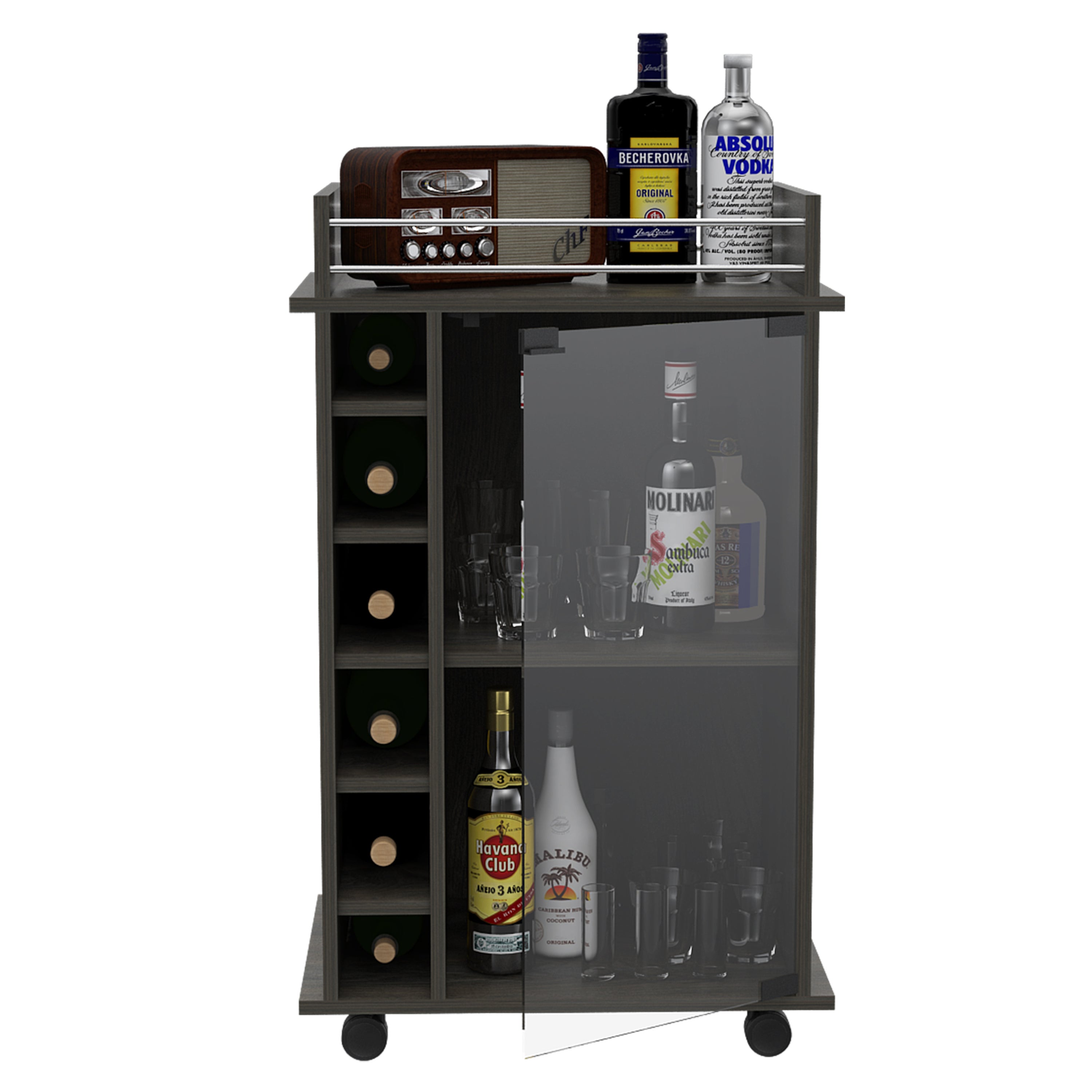 Vegas Bar Cart, Two Tier Cabinet With Glass Door