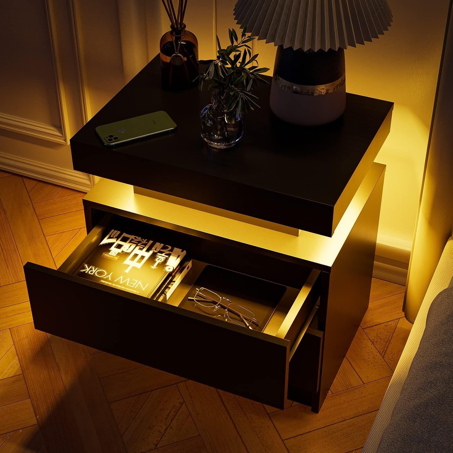 Nightstand LED Bedside Table Cabinet Lights Modern End Side with 2 Drawers