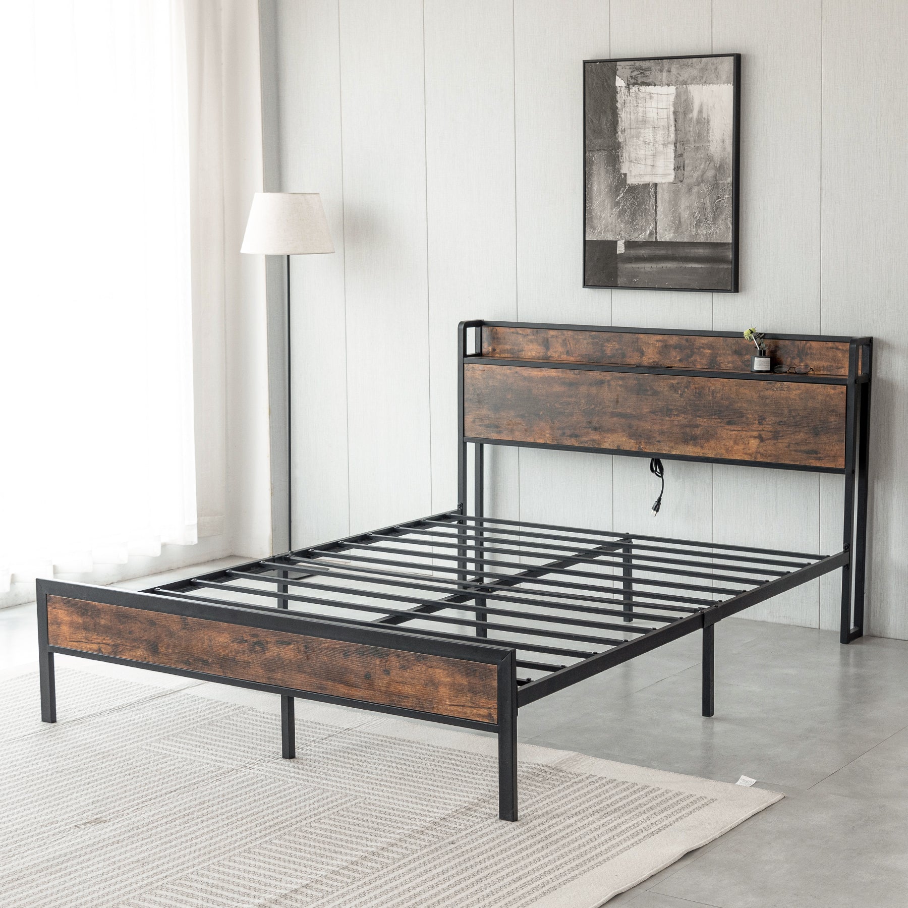 Black Full Metal Bed Frame with Wooden Headboard and and Footboard and Iron Slats