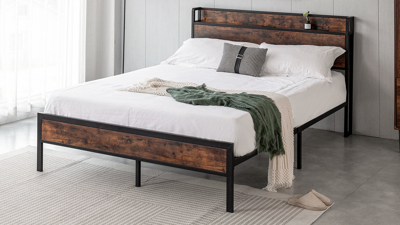 Black Full Metal Bed Frame with Wooden Headboard and and Footboard and Iron Slats