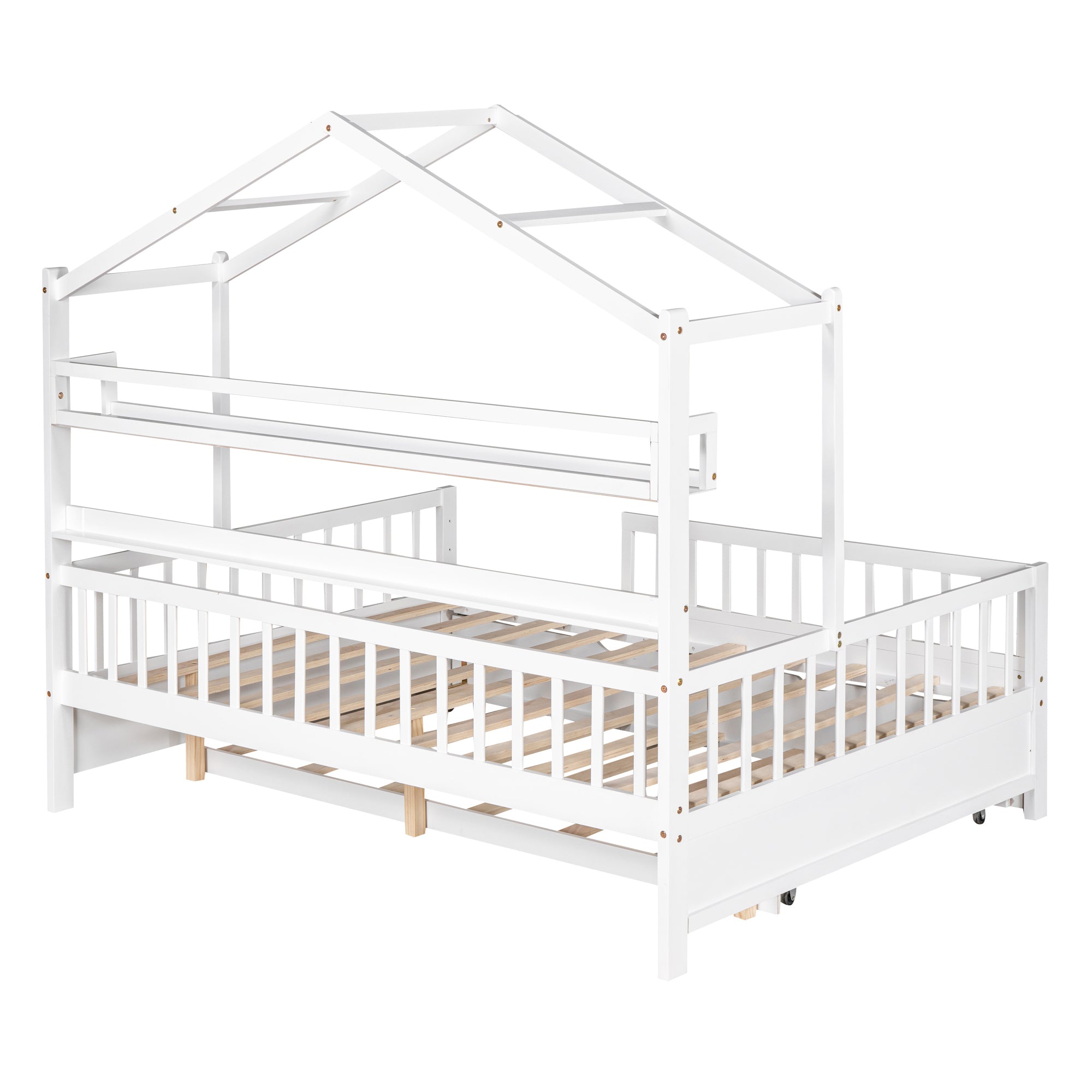 Wooden Full Size House Bed with Twin Size Trundle