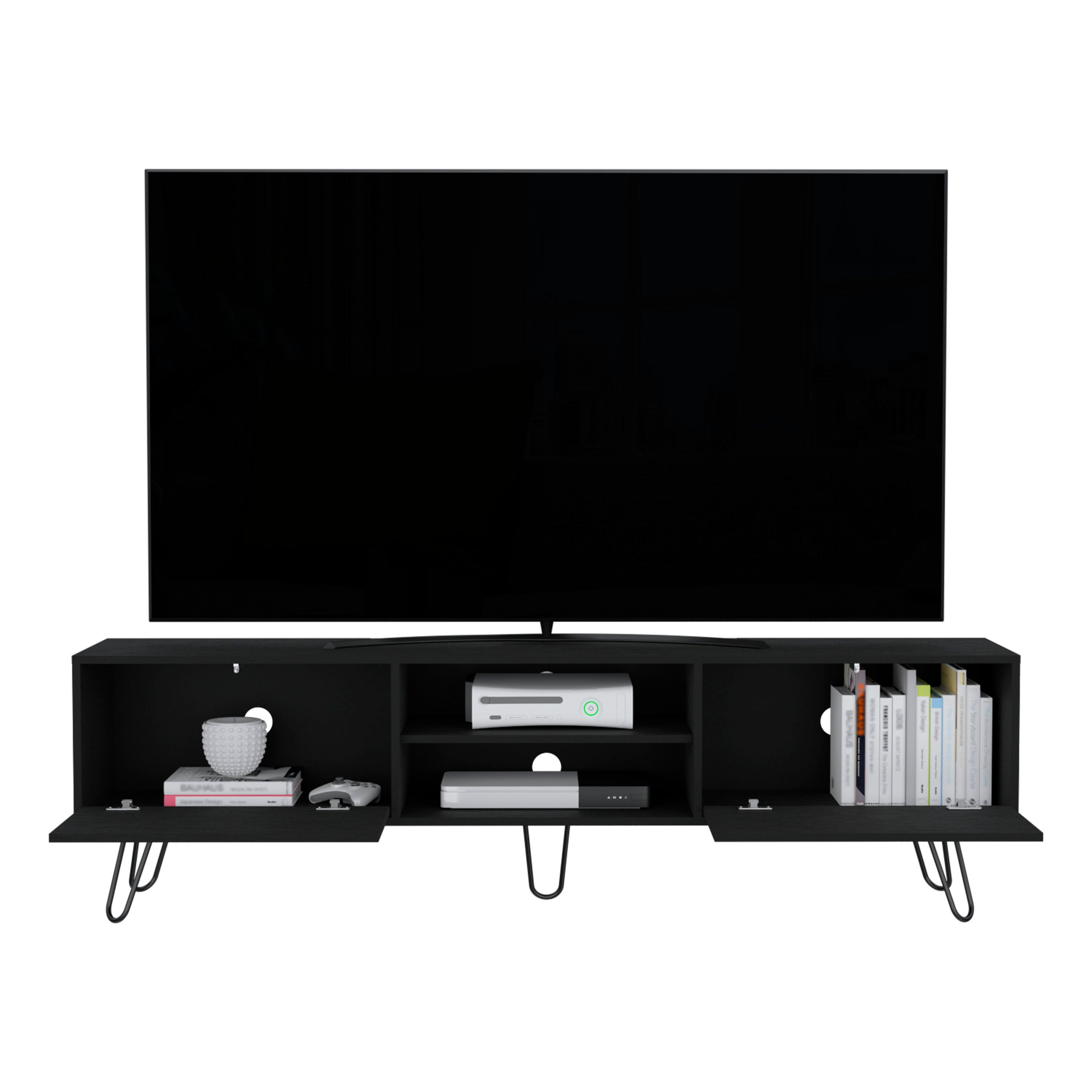TV Stand, Entertainment Unit with Hinged Drawers and Hairpin Legs