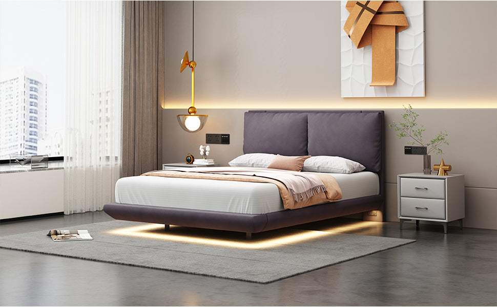 Full Size Bed with Sensor Light and 2 Large Backrests, Stylish Platform Bed with 2 sets of USB Port and Socket on each rear Bed Leg