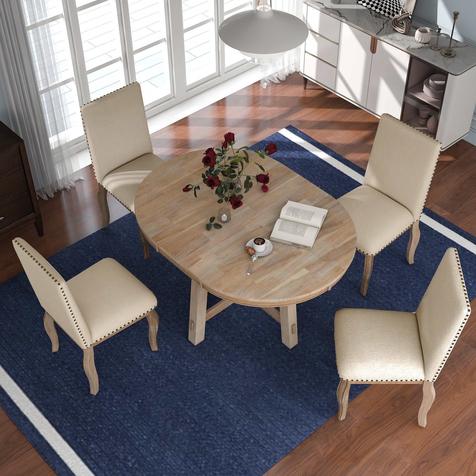 5-Piece Farmhouse Dining Table Set Wood Round Extendable Dining Table and 4 Dining Chairs