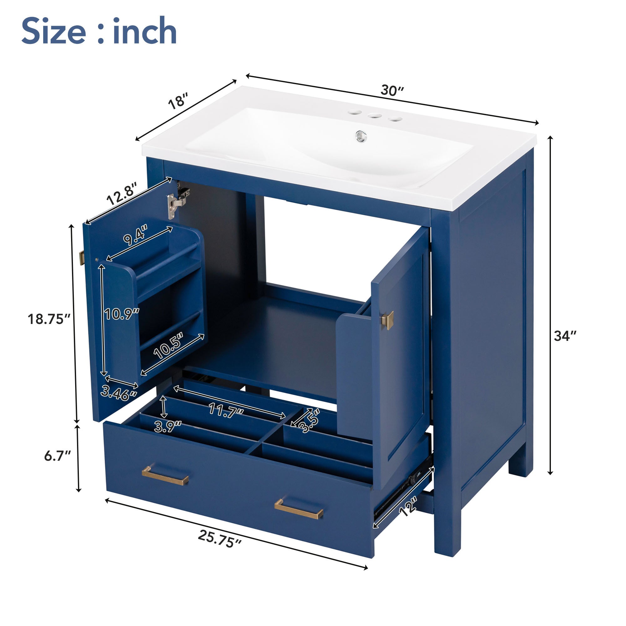 30" Blue Bathroom Vanity with Single Sink, Combo Cabinet Undermount Sink, Bathroom Storage Cabinet