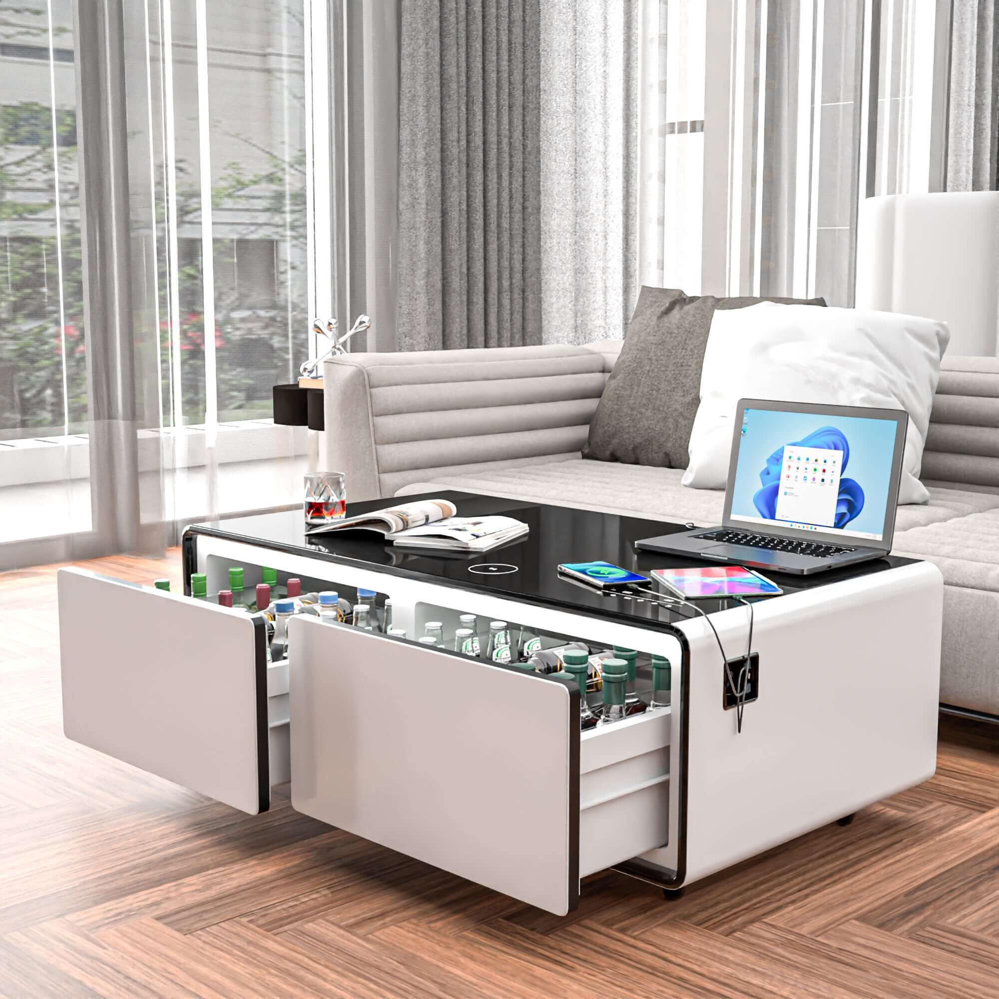 Smart Coffee Table with Built-in Fridge, Bluetooth Speaker, Wireless Charging