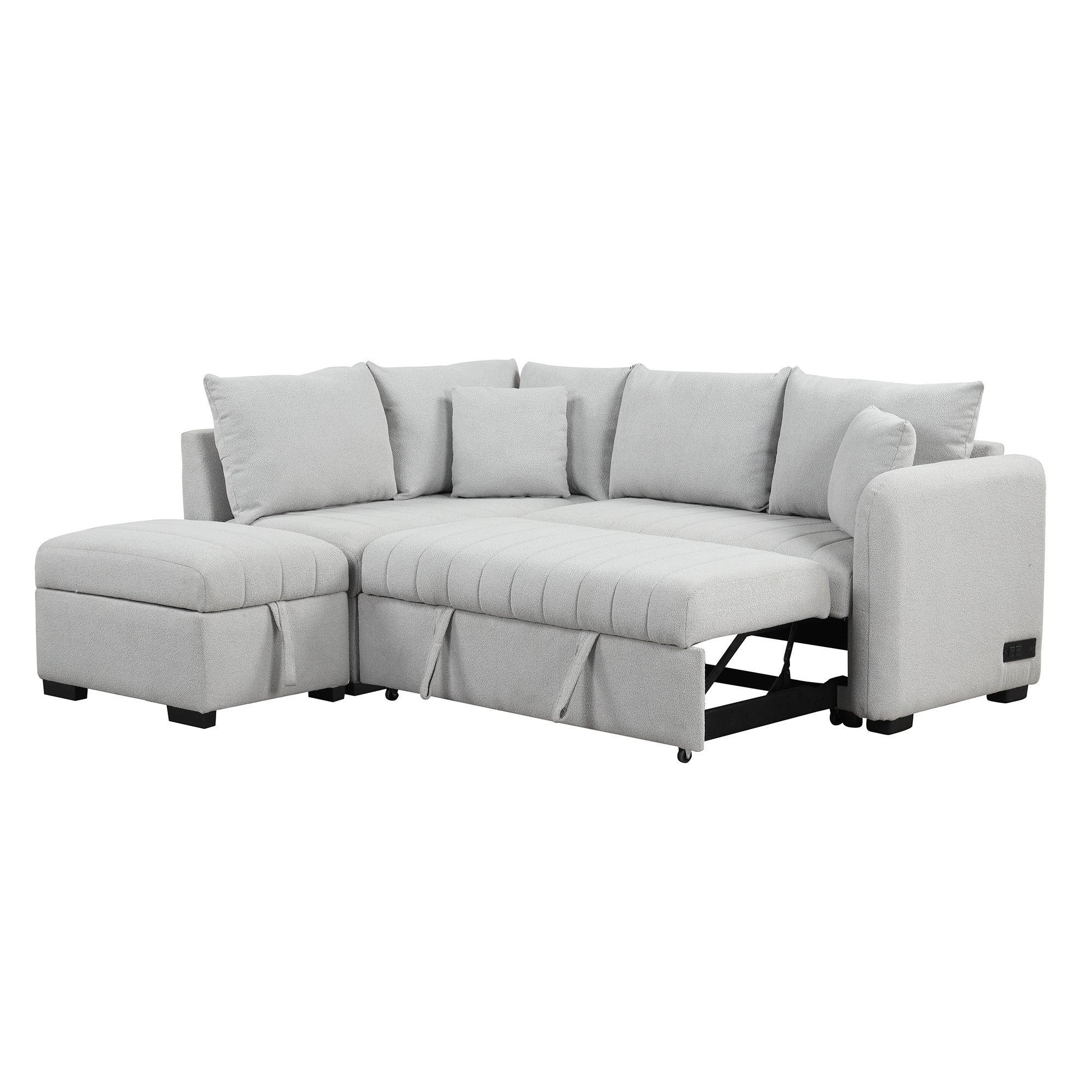 L-Shaped Sectional Pull Out Sofa Bed / Sleeper Sofa with Two USB Ports, Two Power Sockets and a Movable Storage Ottoman
