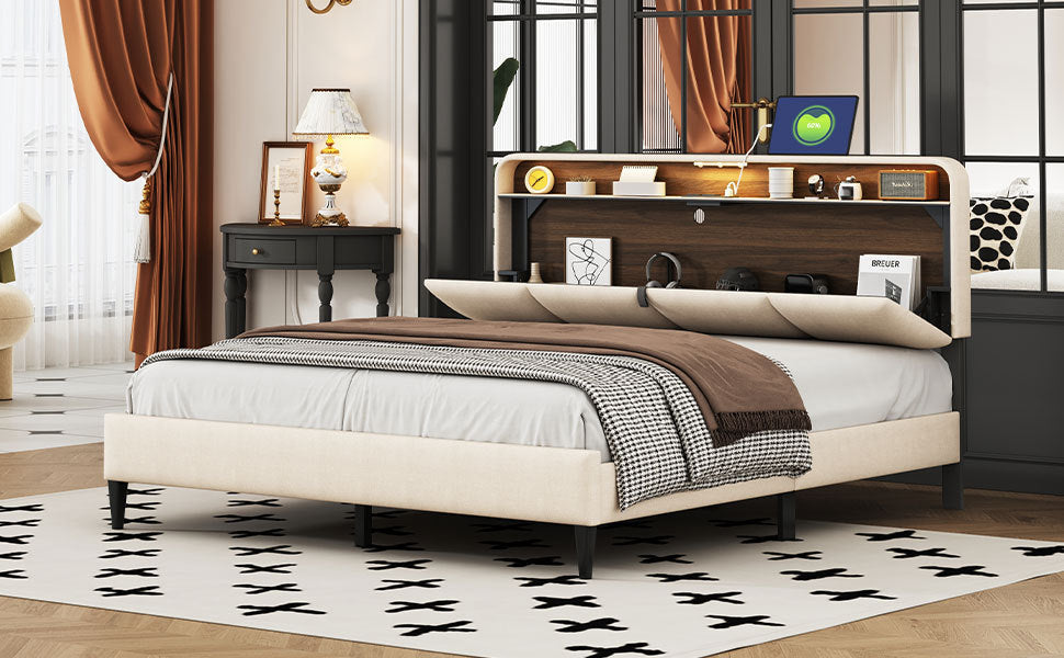 Queen size Upholstered Platform Bed with Storage Headboard, Sensor Light and a set of Sockets and USB Ports
