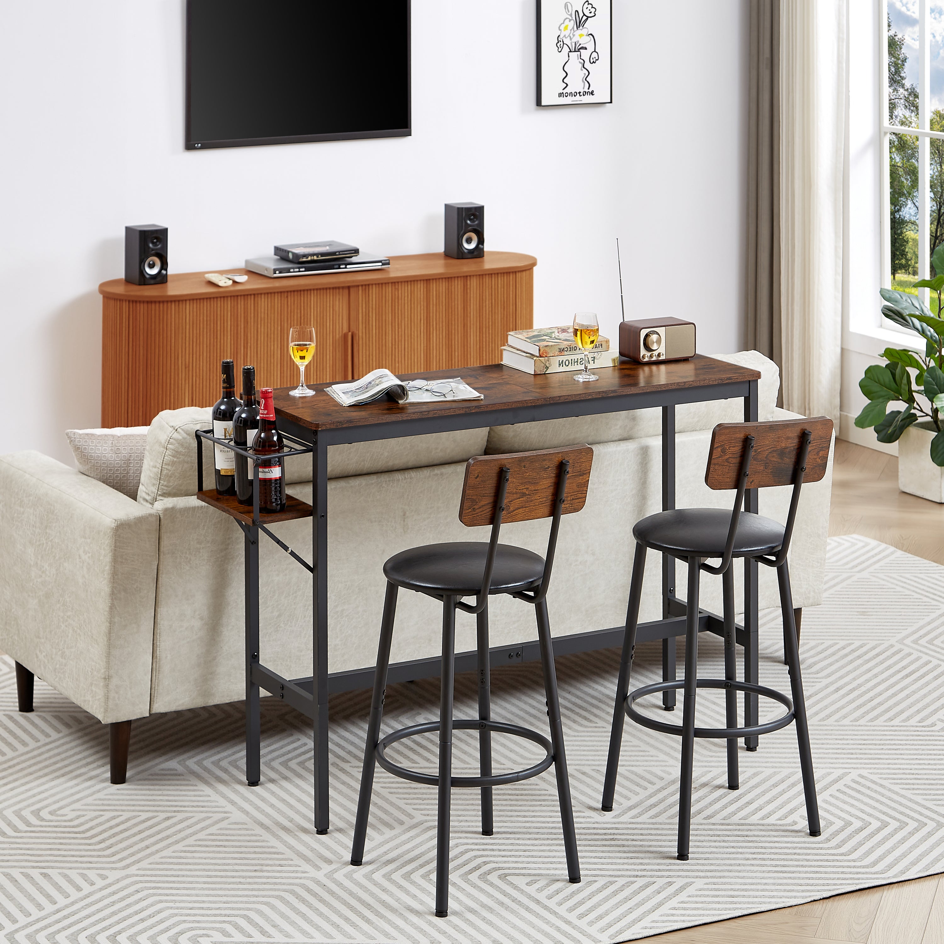 Bar Table Set with wine bottle storage rack. 47.24'' L x 15.75'' W x 35.43'' H.