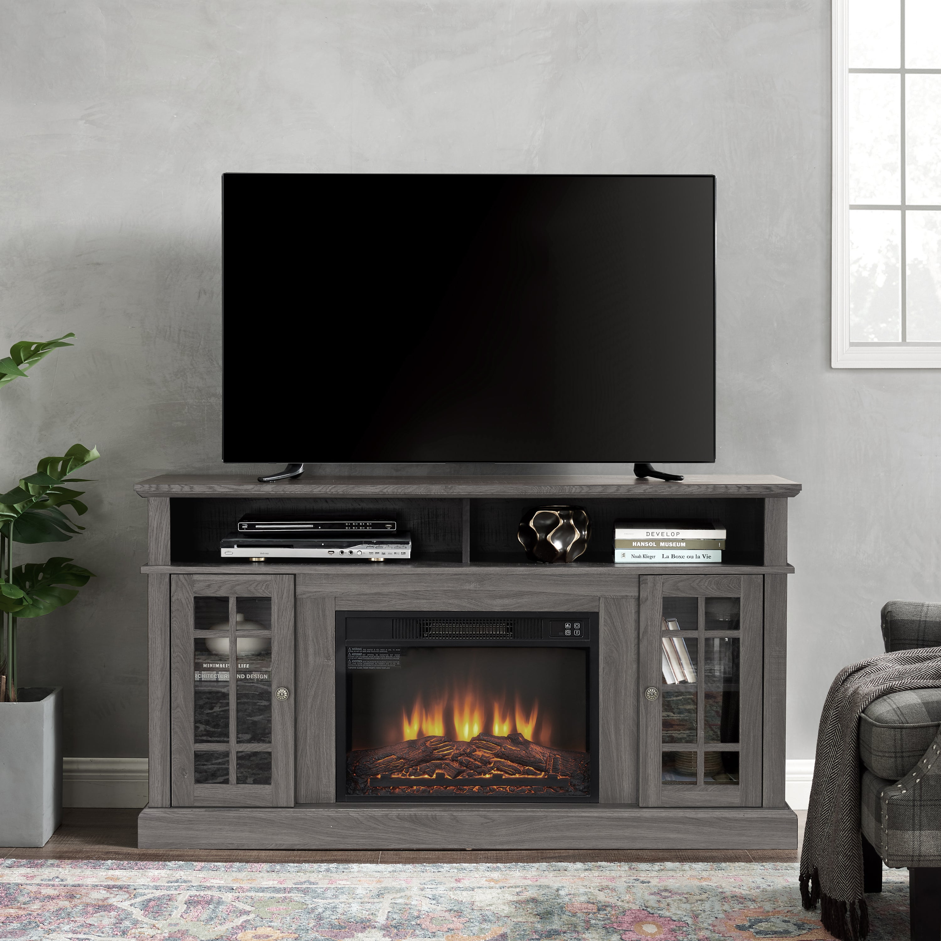 Classic TV Media Stand Modern Entertainment Console with 23" Fireplace Insert for TV Up to 65"