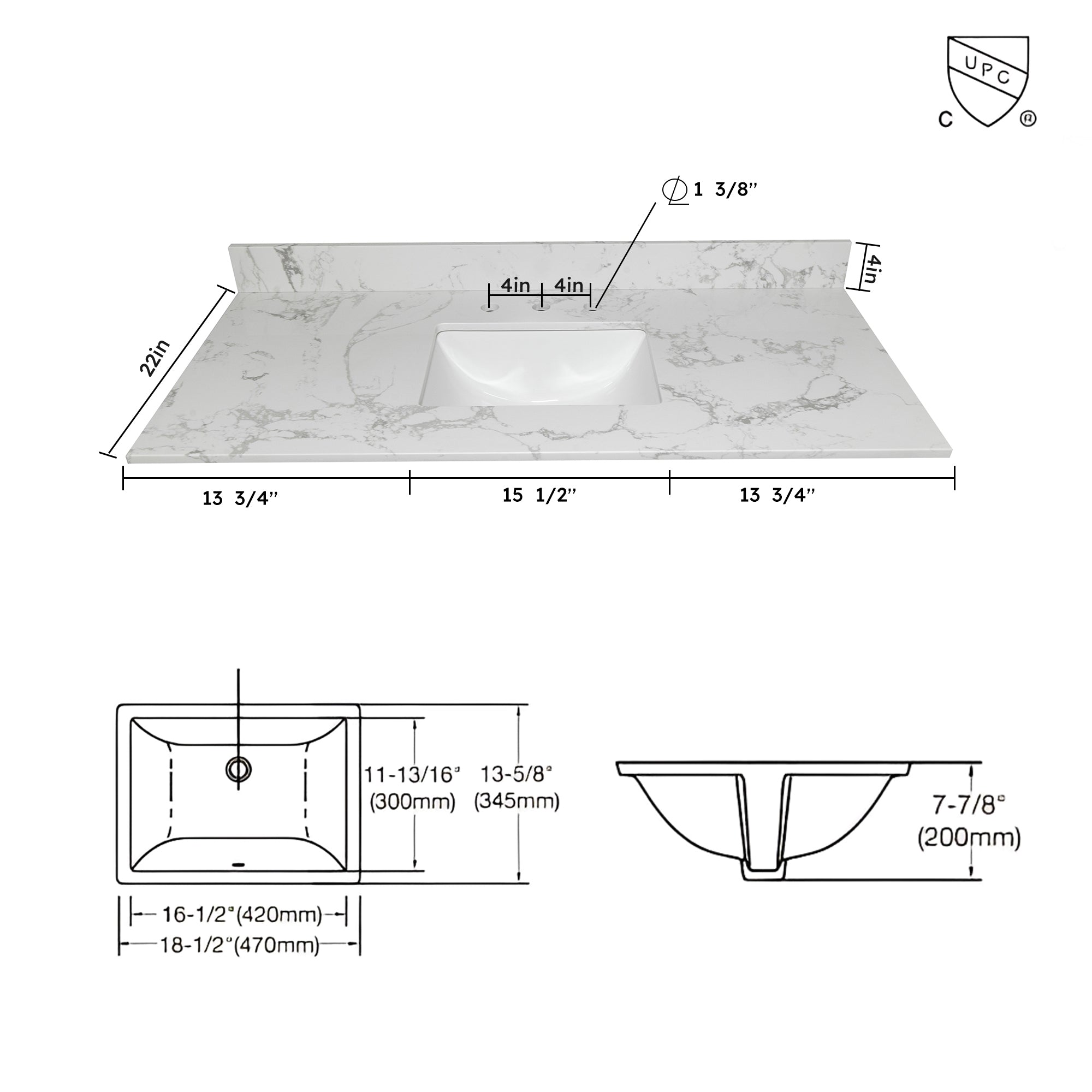 43" x 22" bathroom stone vanity top  engineered stone carrara white marble color with rectangle undermount ceramic sink and  3 faucet hole with back splash .