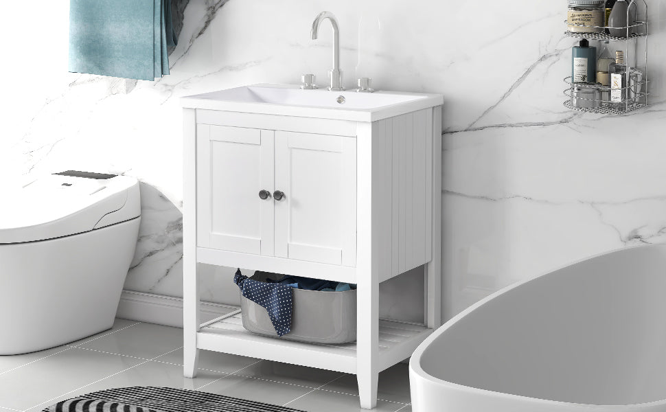 24" White Modern Sleek Bathroom Vanity Elegant Ceramic Sink with Solid Wood Frame Open Style Shelf