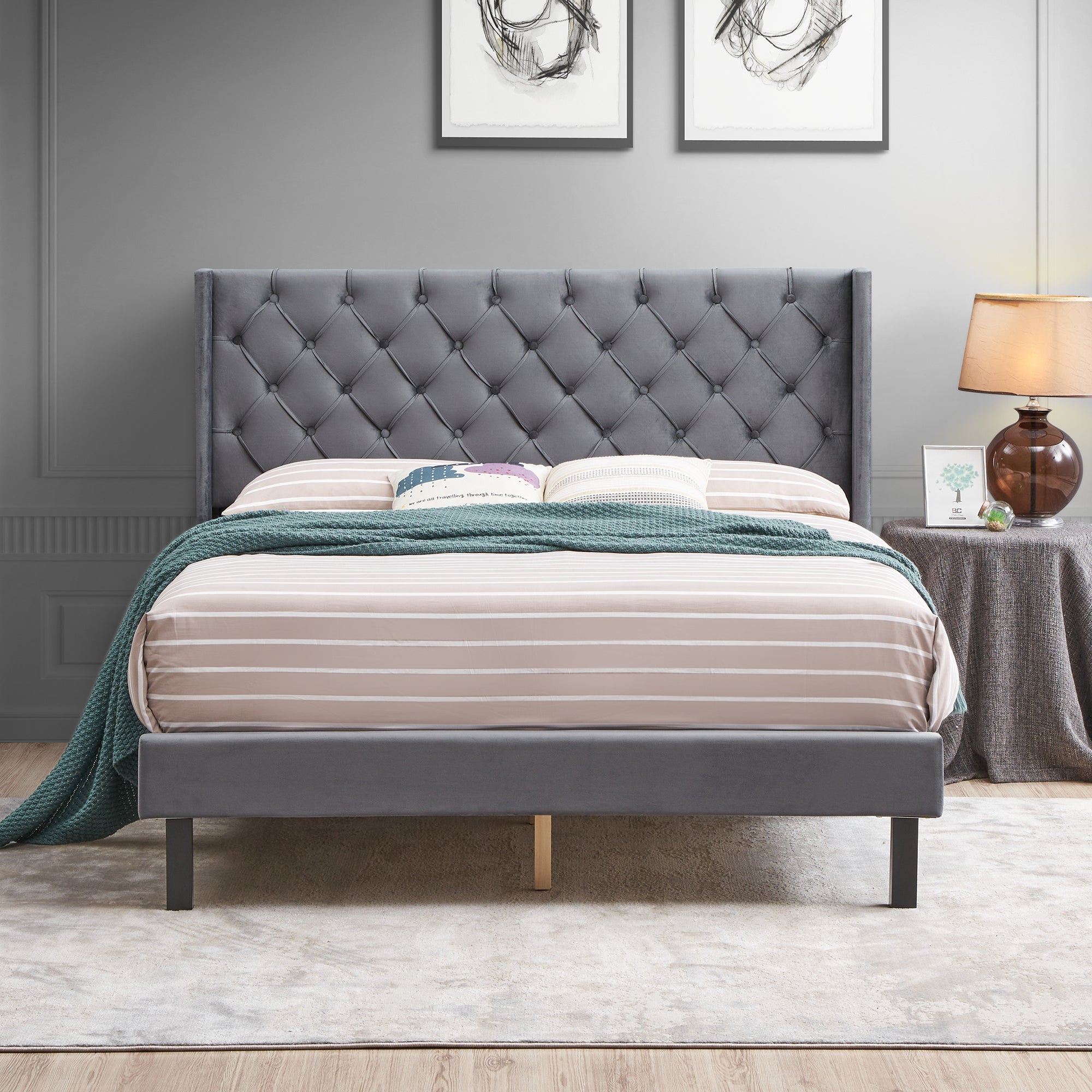 Velvet Button Tufted-Upholstered Bed