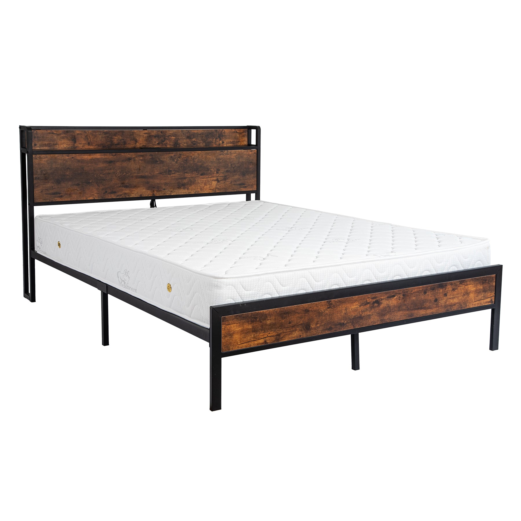 Black Full Metal Bed Frame with Wooden Headboard and and Footboard and Iron Slats