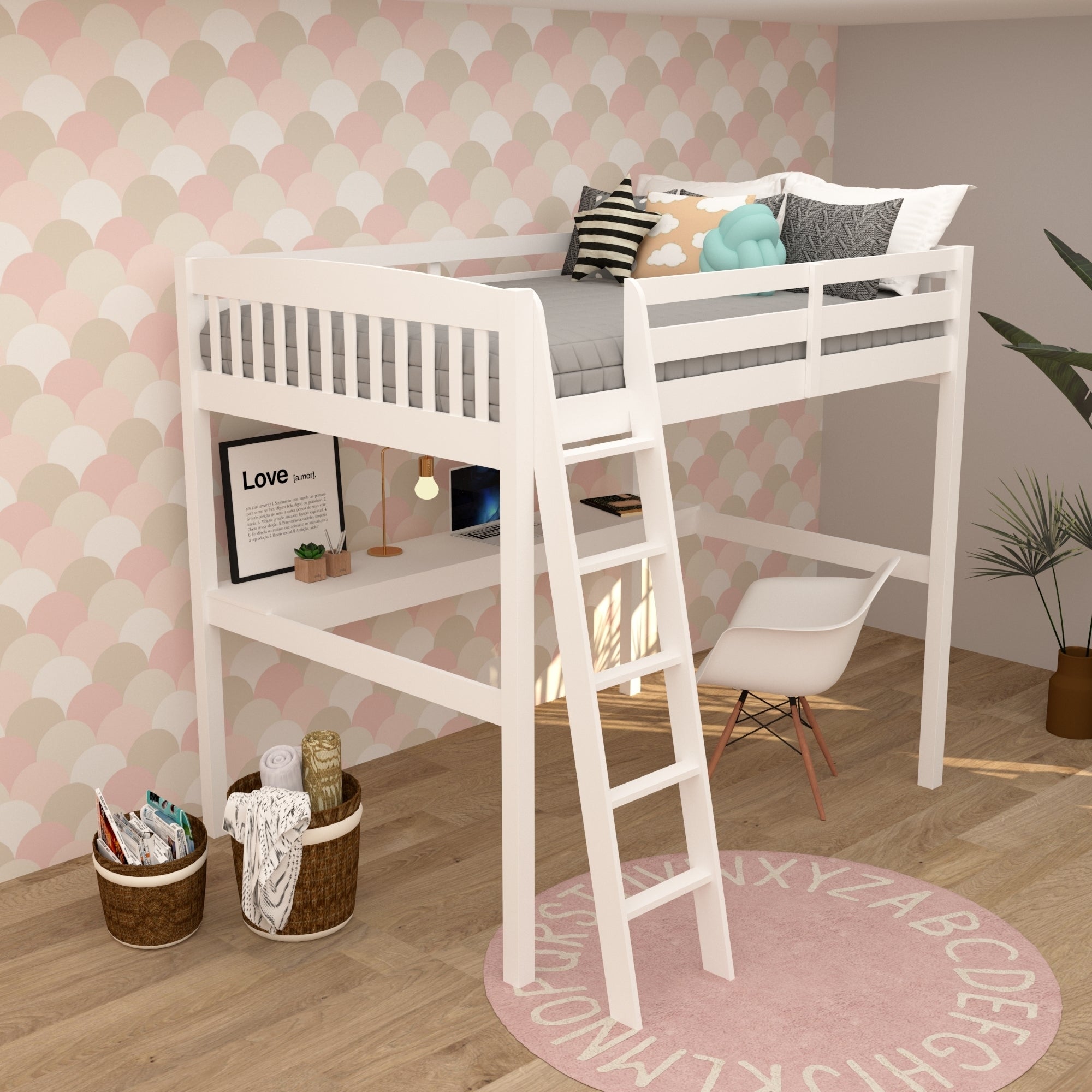 White High Loft Bed with Desk and Storage, Heavy Duty Solid Wood Full Size Loft Bed Frame with Stairs for Kids and Toddlers