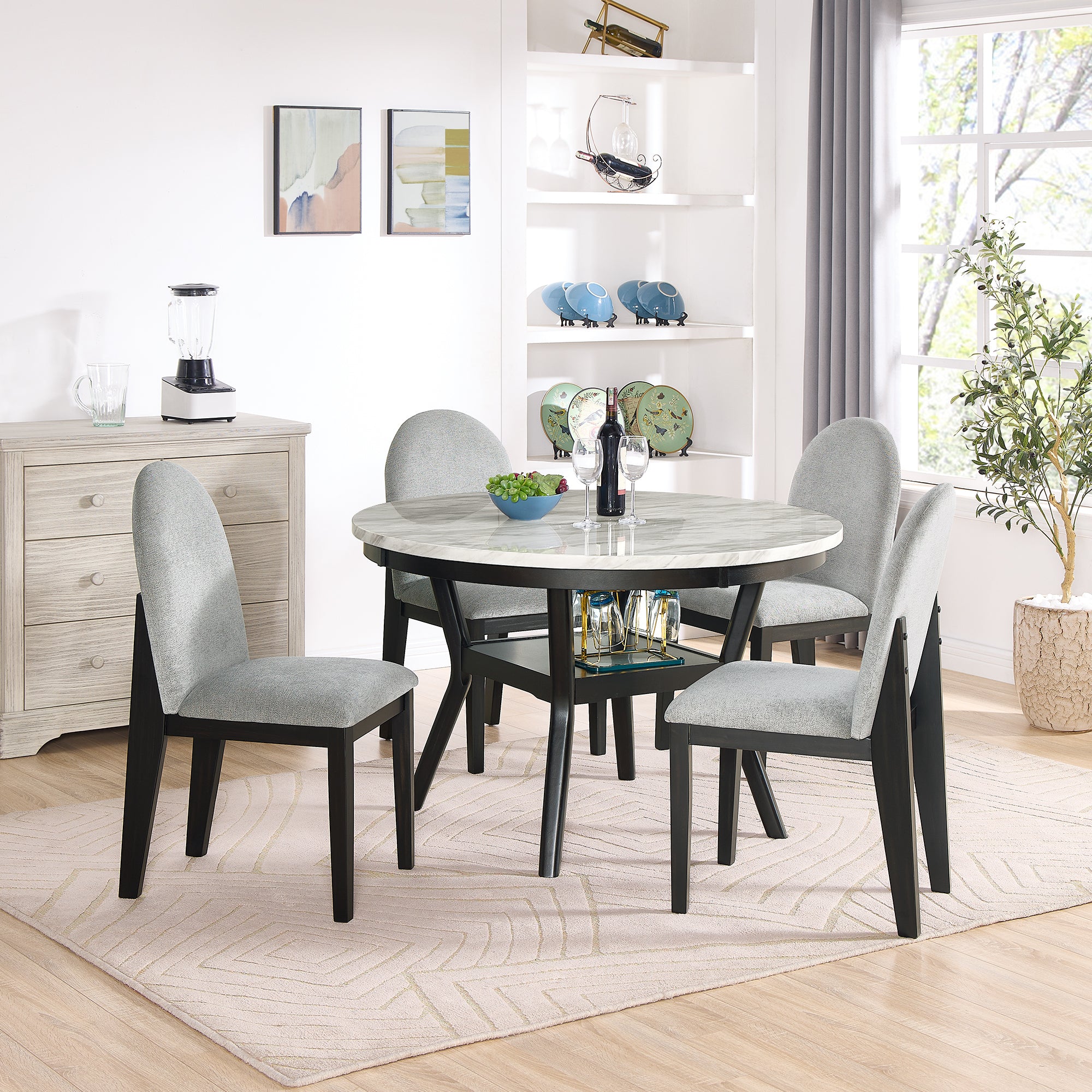 5 piece dining table and chair set, round dining table with 4 upholstered chairs