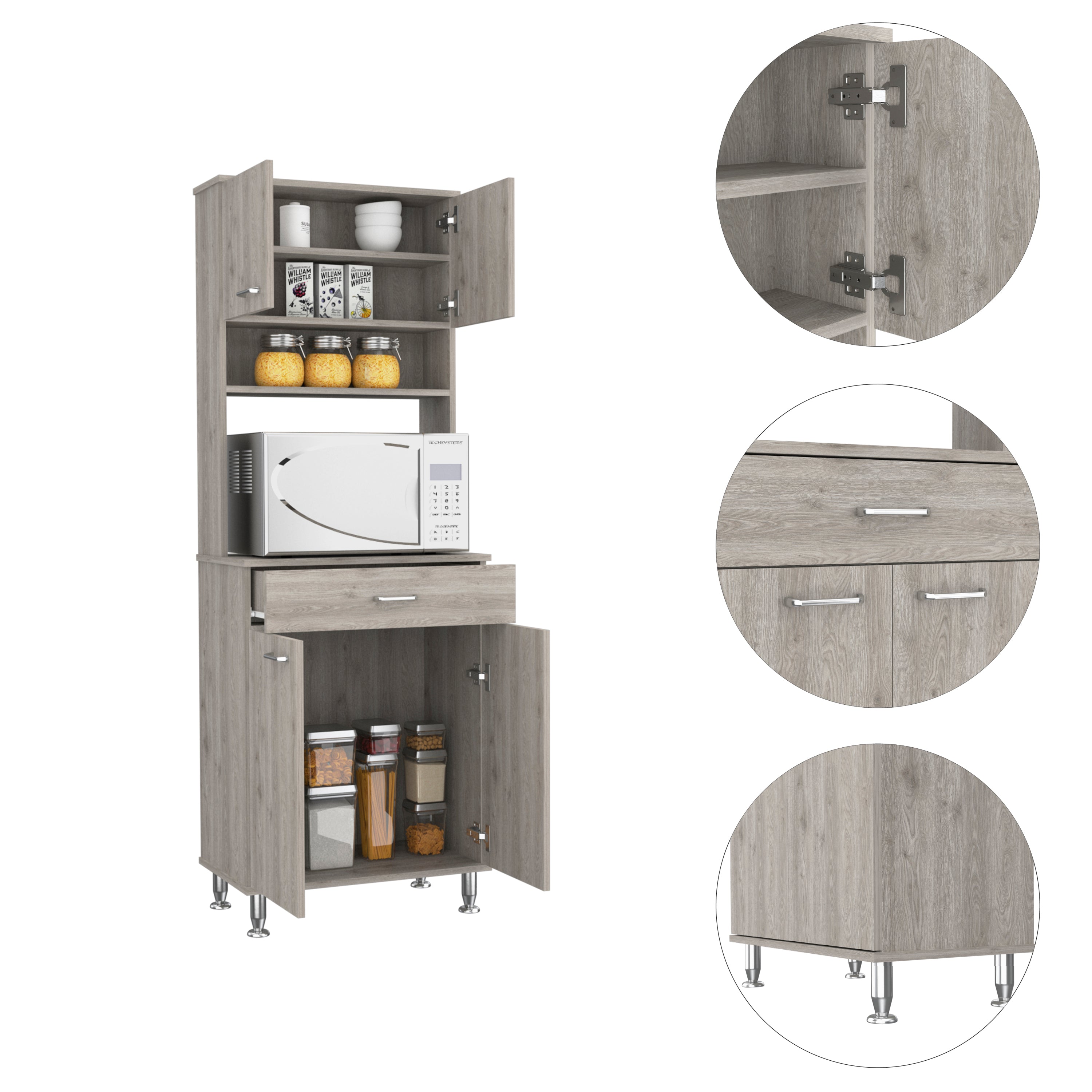 Bay Area Pantry, Two Door Cabinets, One Drawer, Four Adjustable Metal Legs