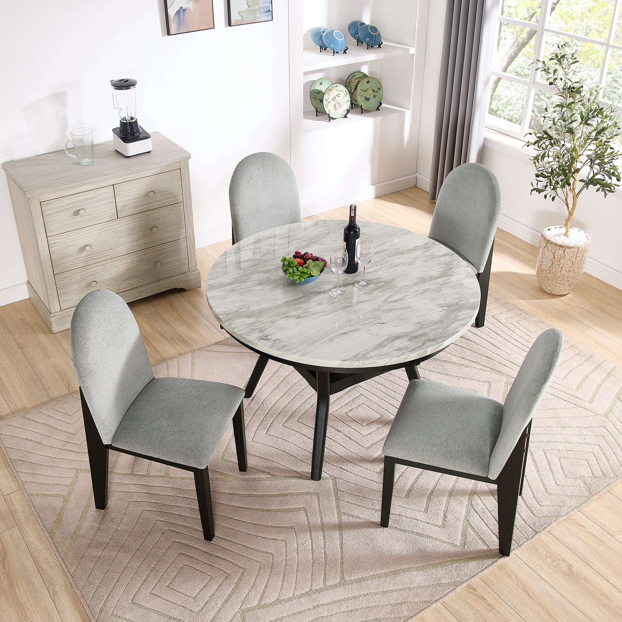 5 piece dining table and chair set, round dining table with 4 upholstered chairs