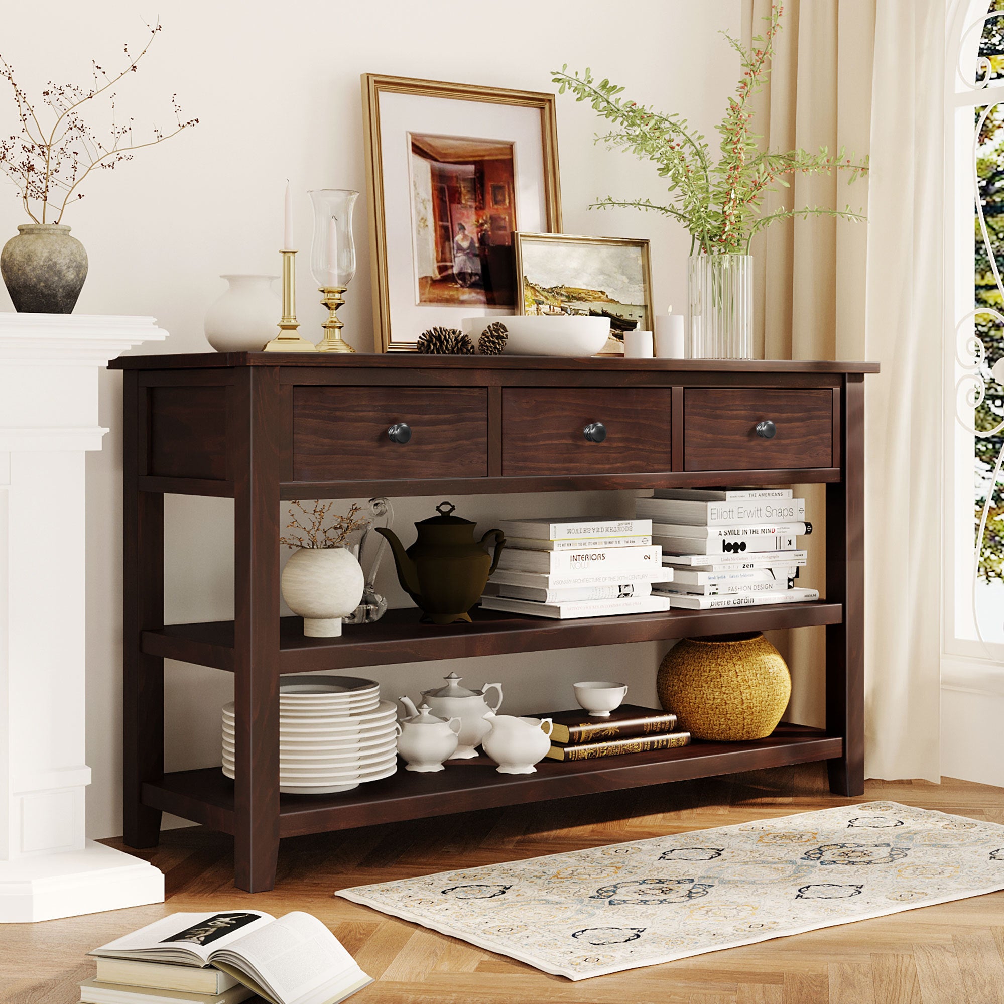 Retro Design Console Table with Two Open Shelves
