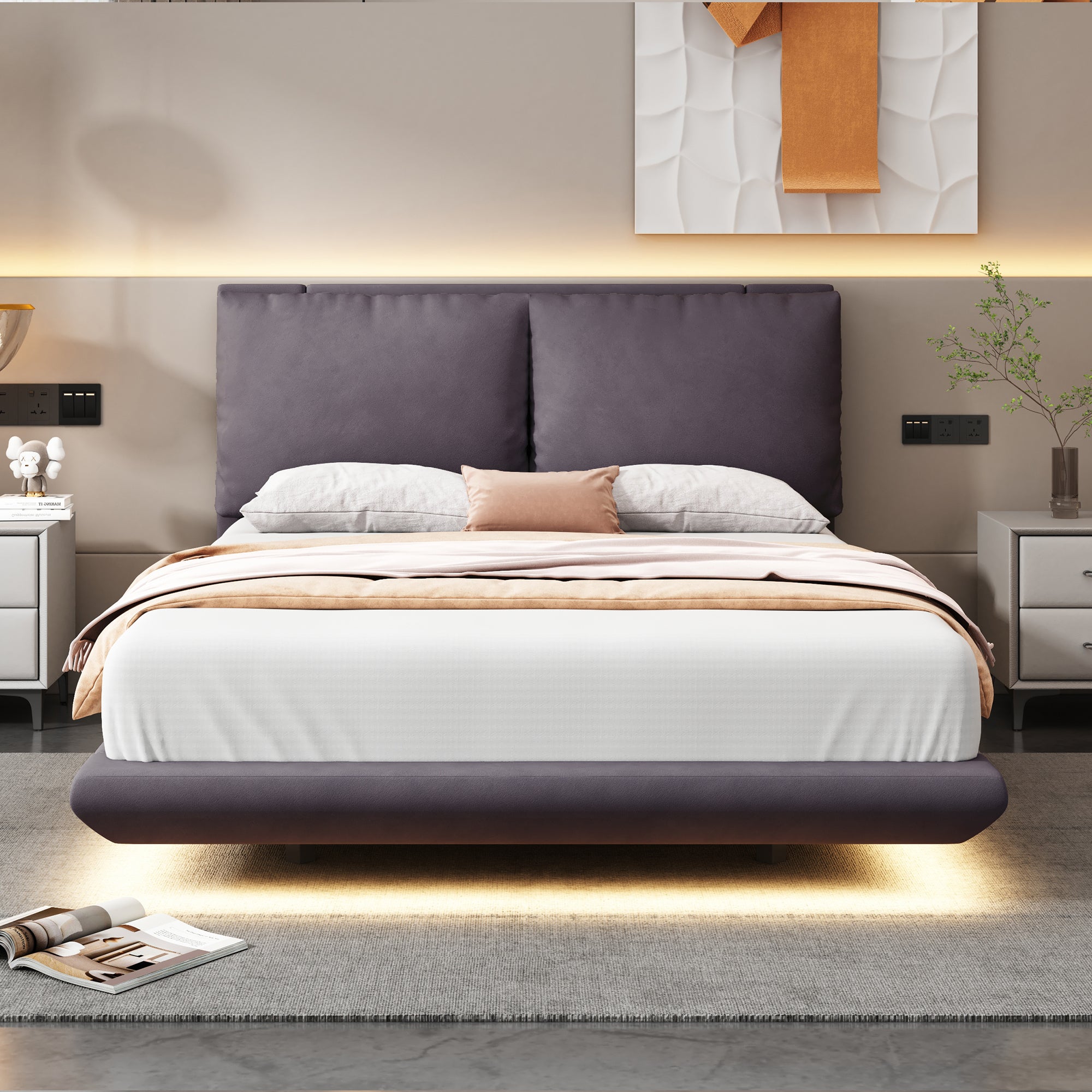 Full Size Bed with Sensor Light and 2 Large Backrests, Stylish Platform Bed with 2 sets of USB Port and Socket on each rear Bed Leg