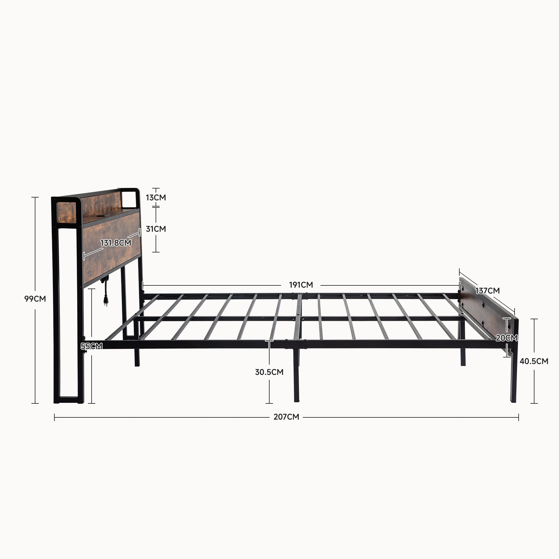 Black Full Metal Bed Frame with Wooden Headboard and and Footboard and Iron Slats