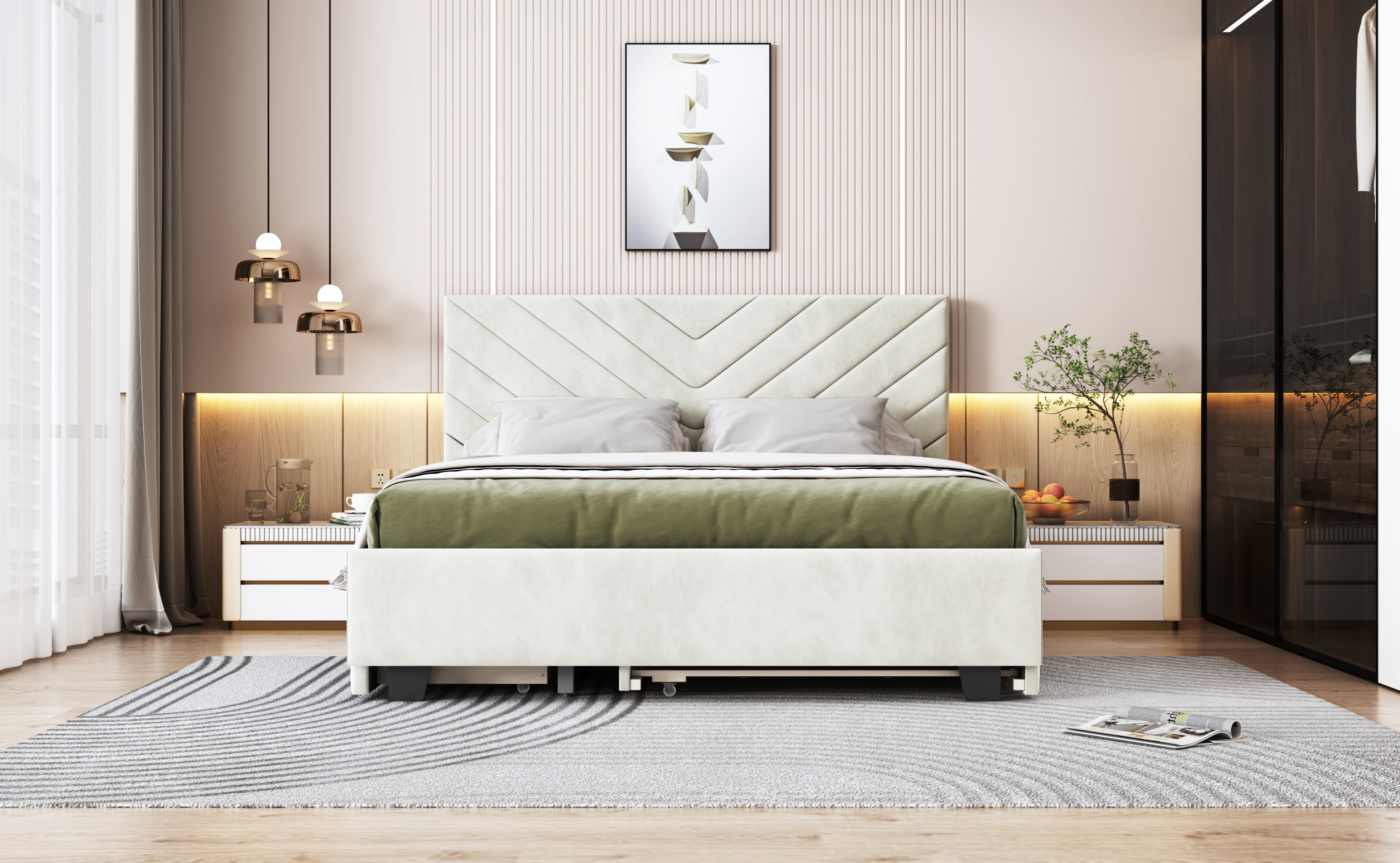 Queen Size Upholstered Platform Bed with Twill Headboard