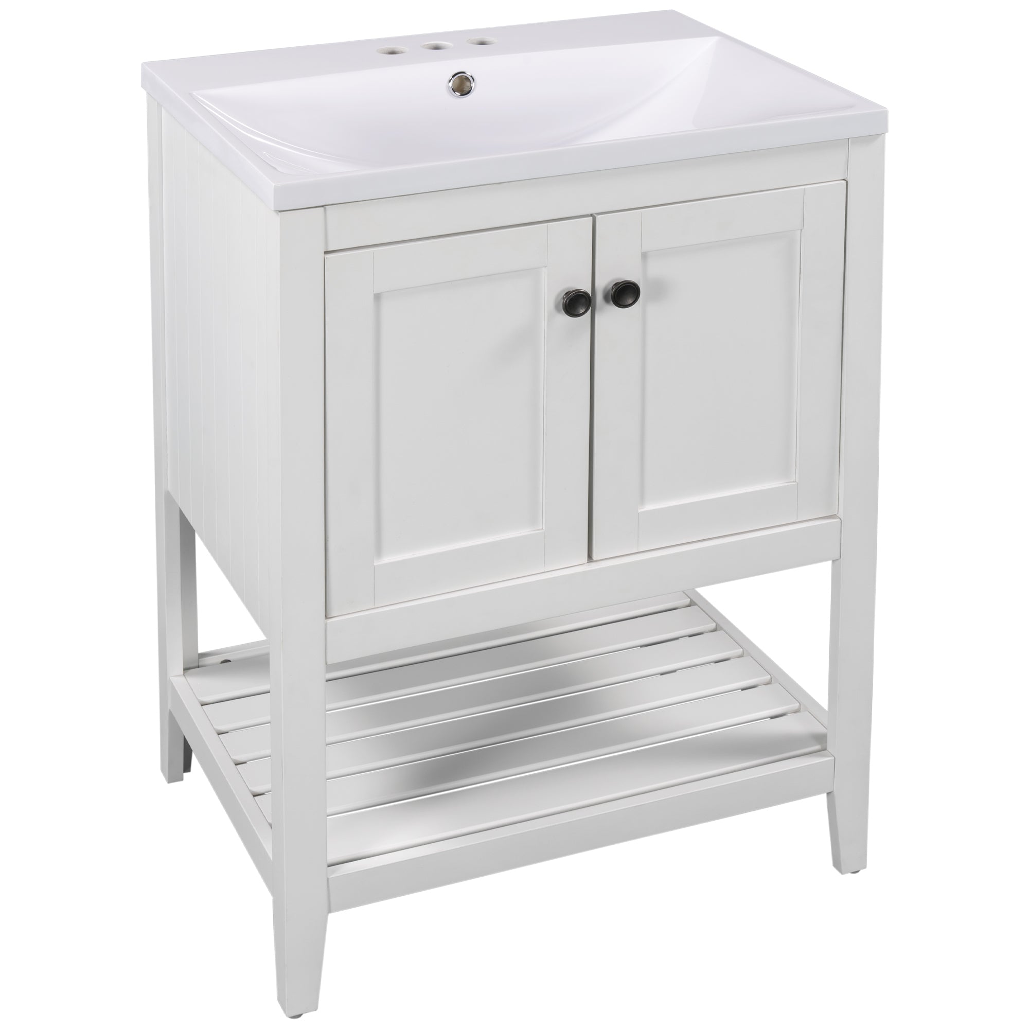 24" White Modern Sleek Bathroom Vanity Elegant Ceramic Sink with Solid Wood Frame Open Style Shelf