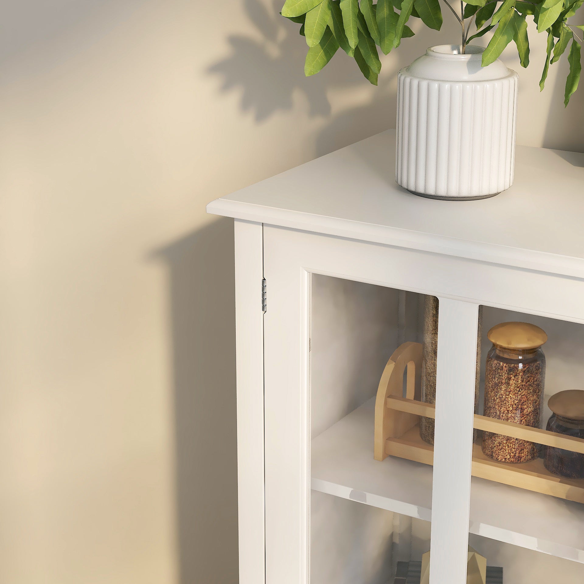 Buffet storage cabinet with double glass doors and unique bell handle