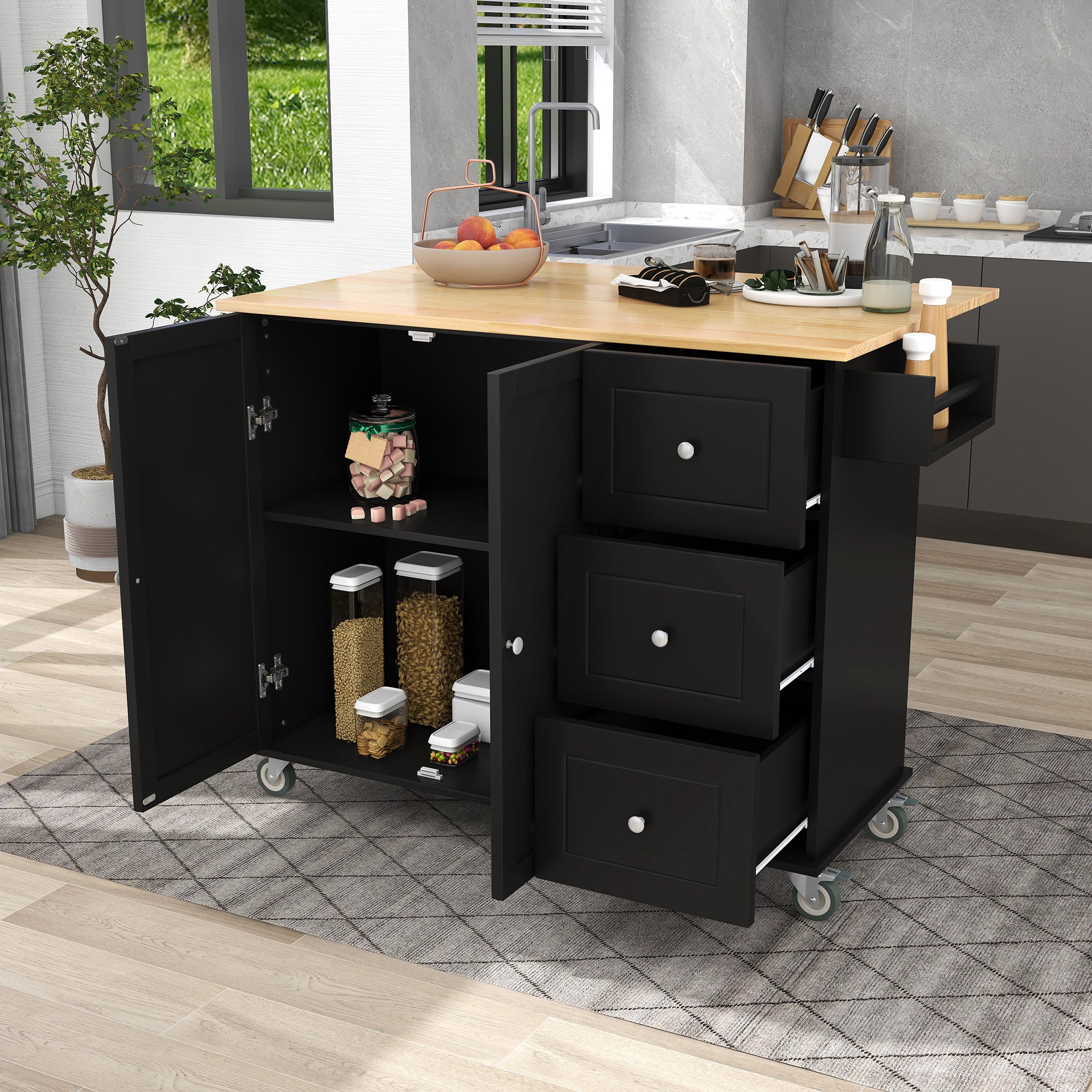 Rolling Mobile Kitchen Island with Solid Wood Top and Locking Wheels