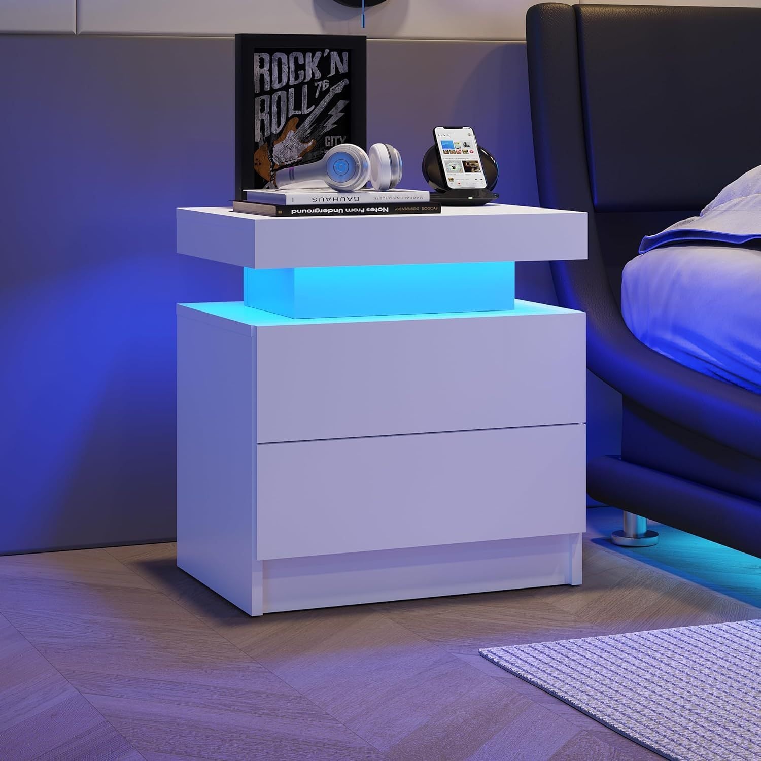 Nightstand LED Bedside Table Cabinet Lights Modern End Side with 2 Drawers