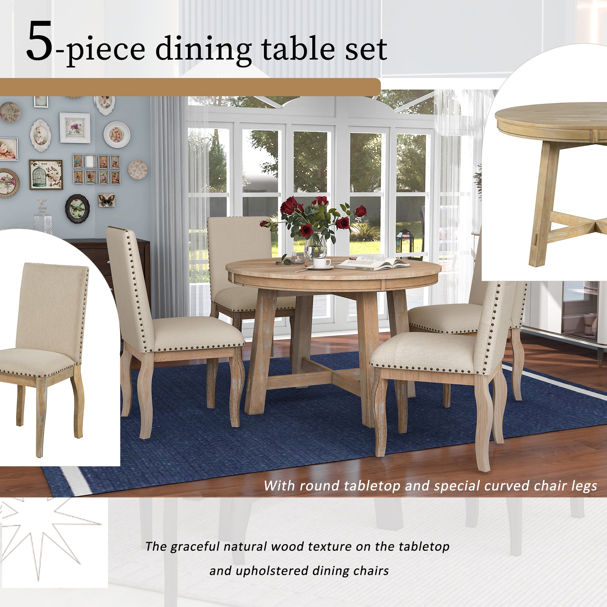 5-Piece Farmhouse Dining Table Set Wood Round Extendable Dining Table and 4 Dining Chairs