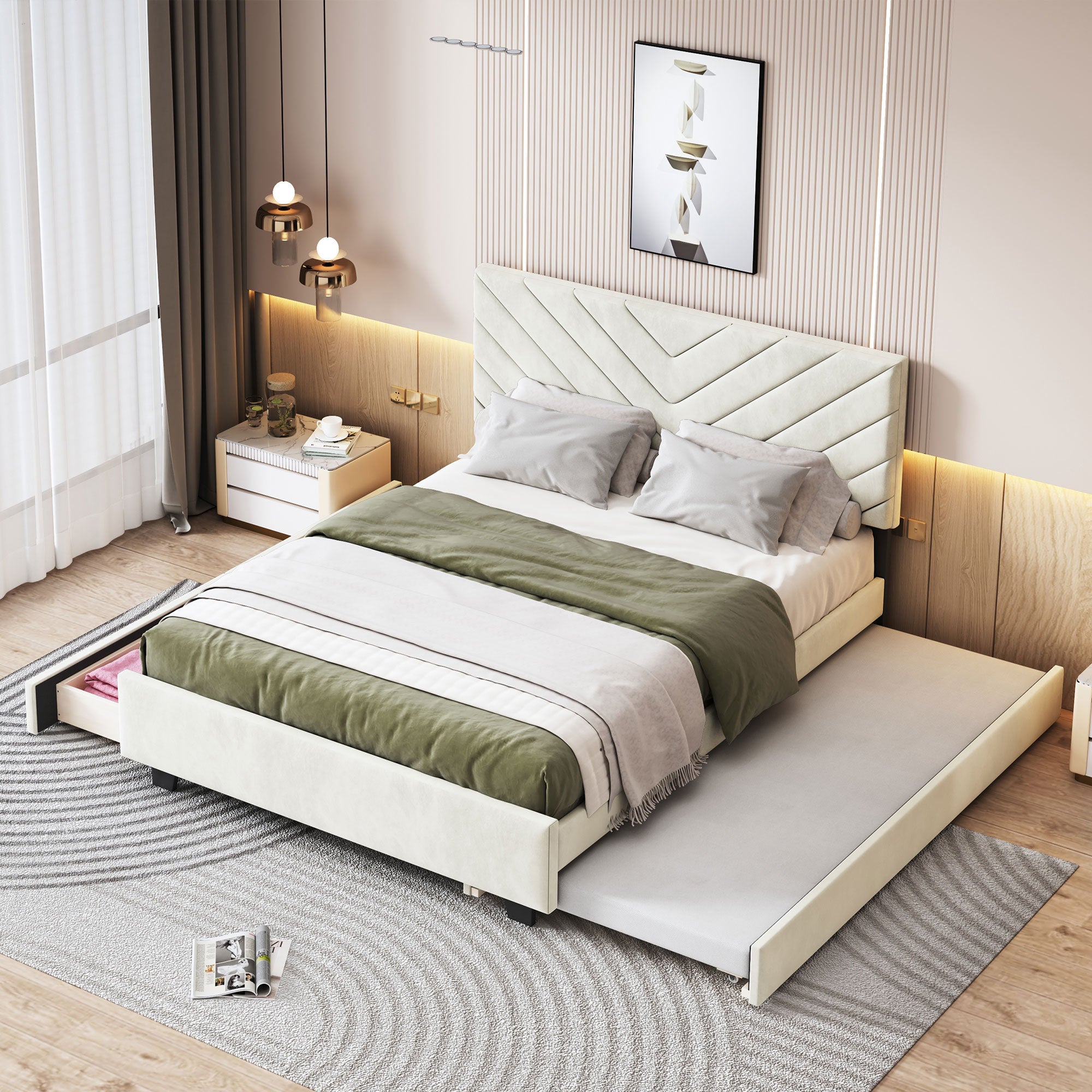 Queen Size Upholstered Platform Bed with Twill Headboard