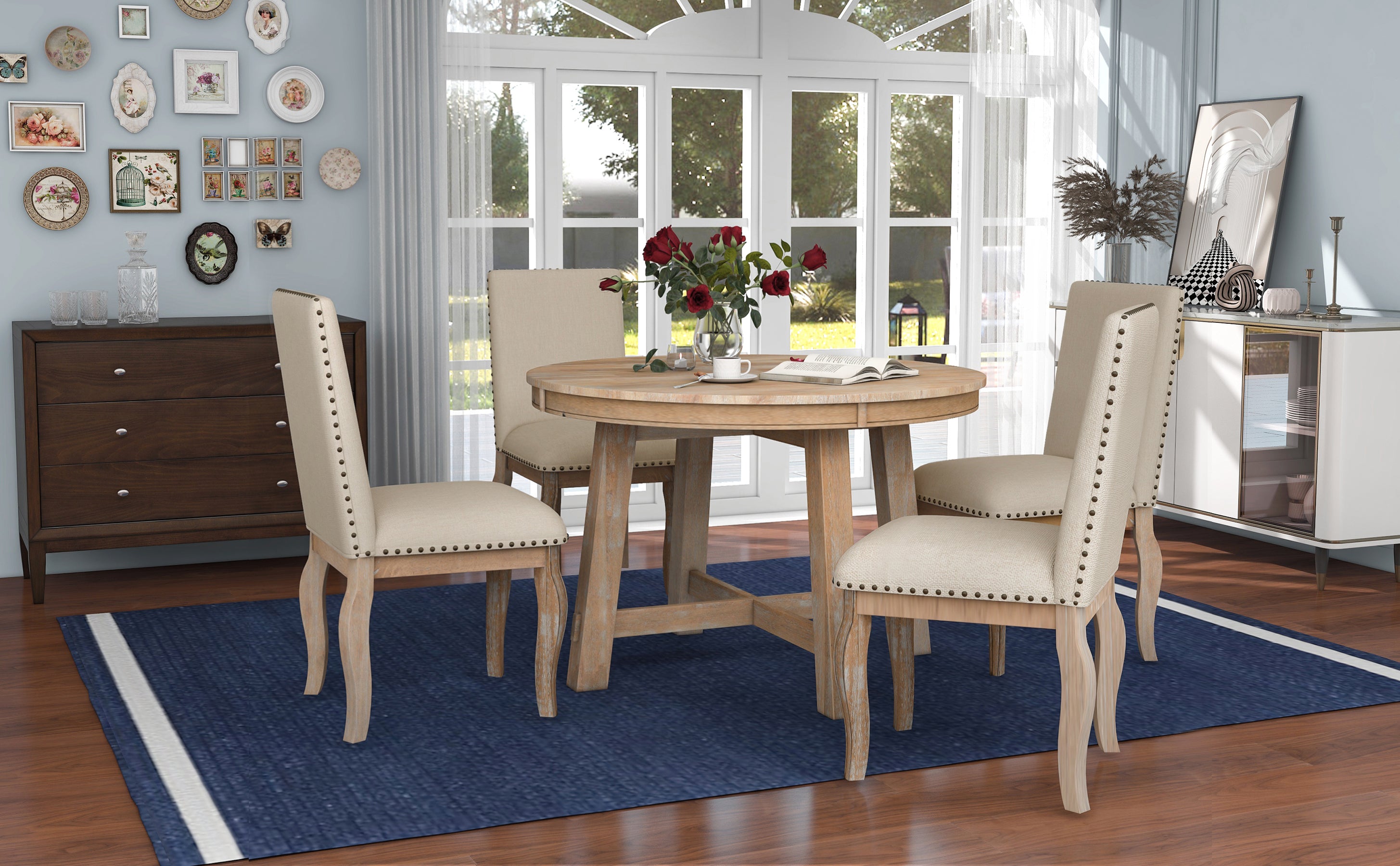 5-Piece Farmhouse Dining Table Set Wood Round Extendable Dining Table and 4 Dining Chairs