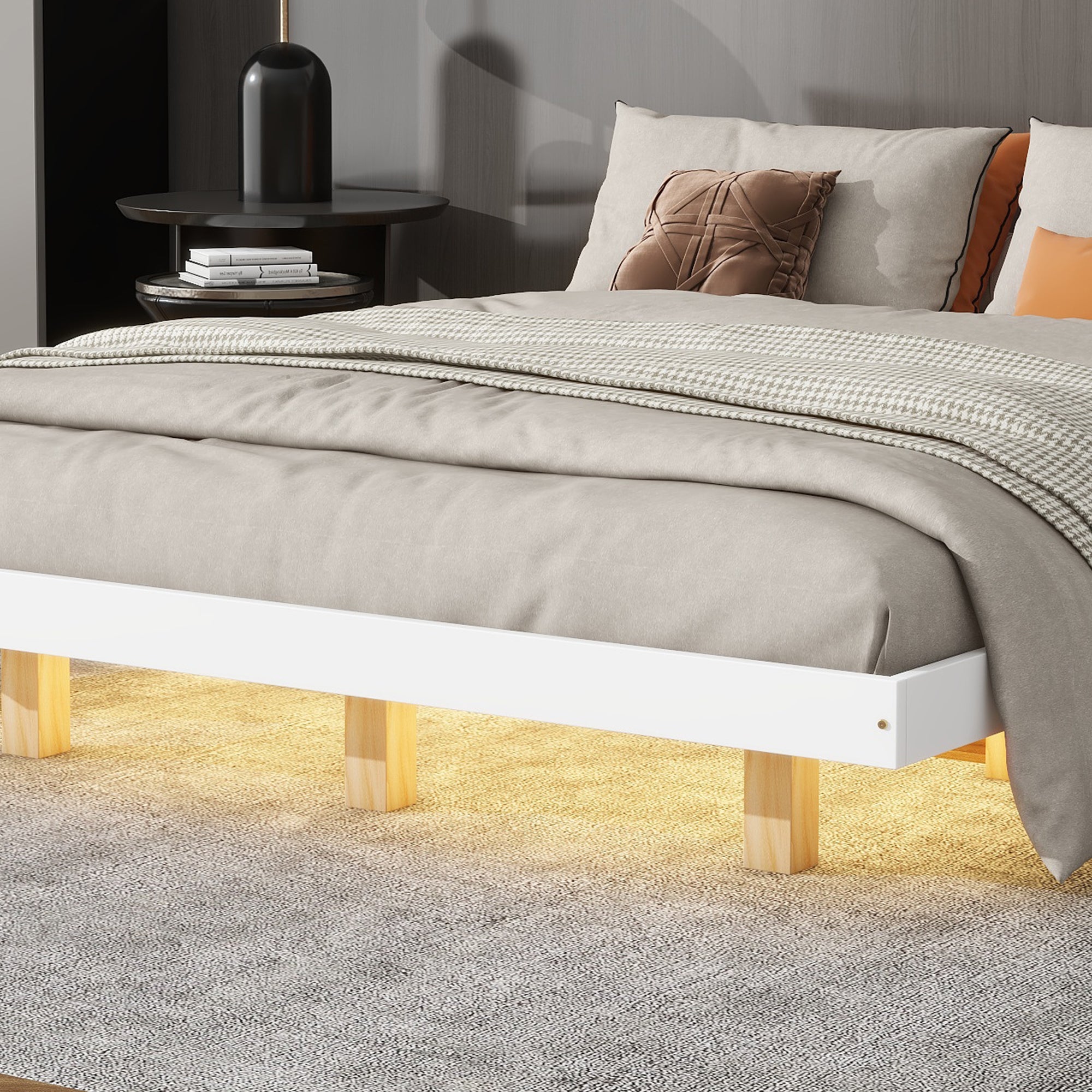 Queen Size Floating Bed with LED Lights Underneath, Modern Queen Size Low Profile Platform Bed with LED Lights