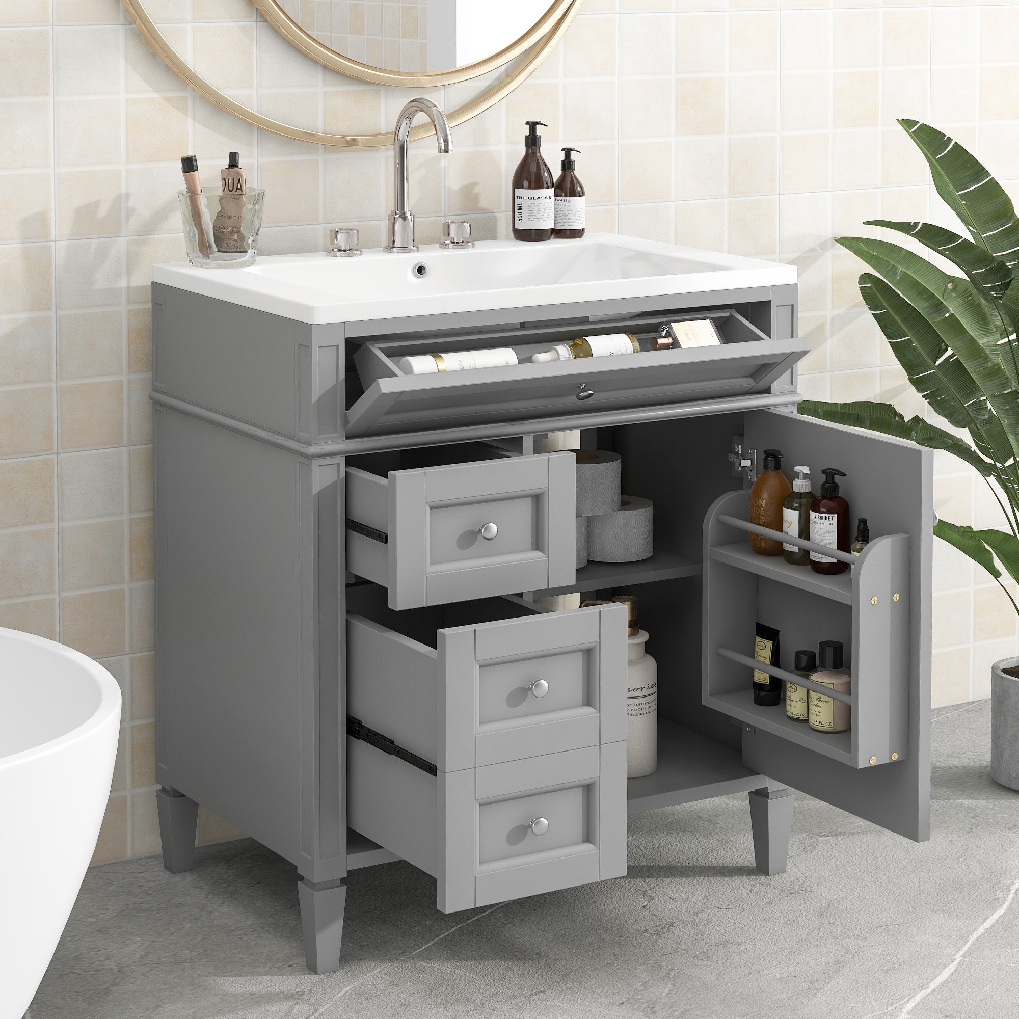 30'' Bathroom Vanity with Top Sink, Modern Bathroom Storage Cabinet with 2 Drawers and a Tip-out Drawer