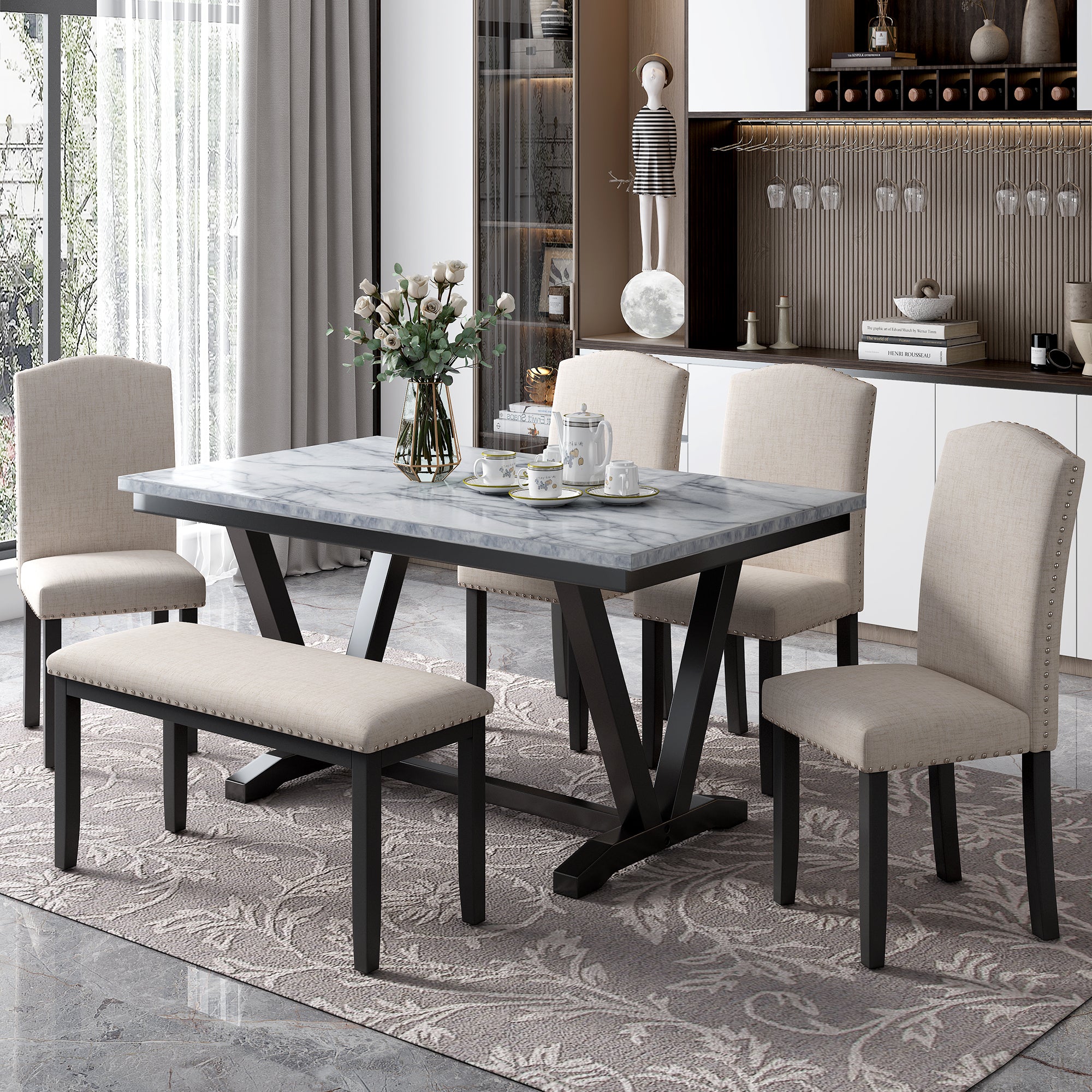 Modern Style 6-piece Dining Table with 4 Chairs & 1 Bench