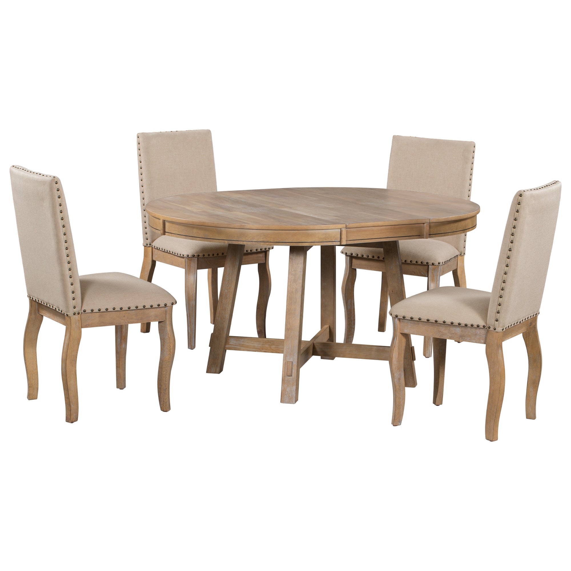 5-Piece Farmhouse Dining Table Set Wood Round Extendable Dining Table and 4 Dining Chairs