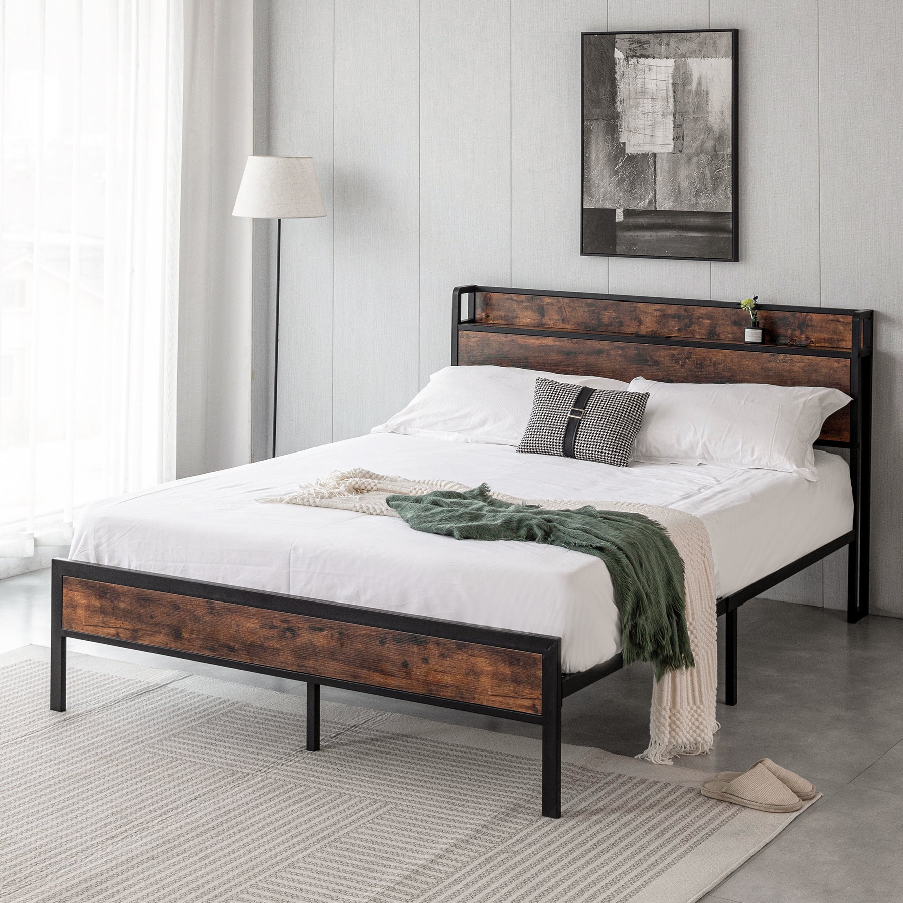 Black Full Metal Bed Frame with Wooden Headboard and and Footboard and Iron Slats