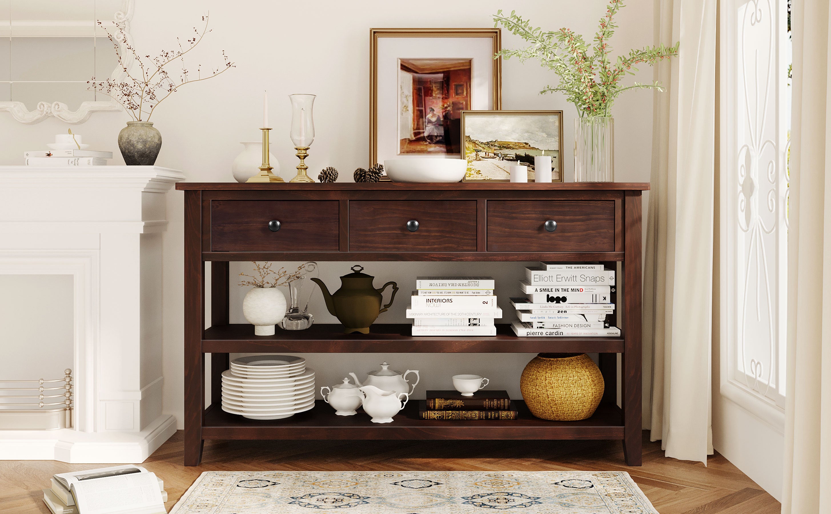 Retro Design Console Table with Two Open Shelves