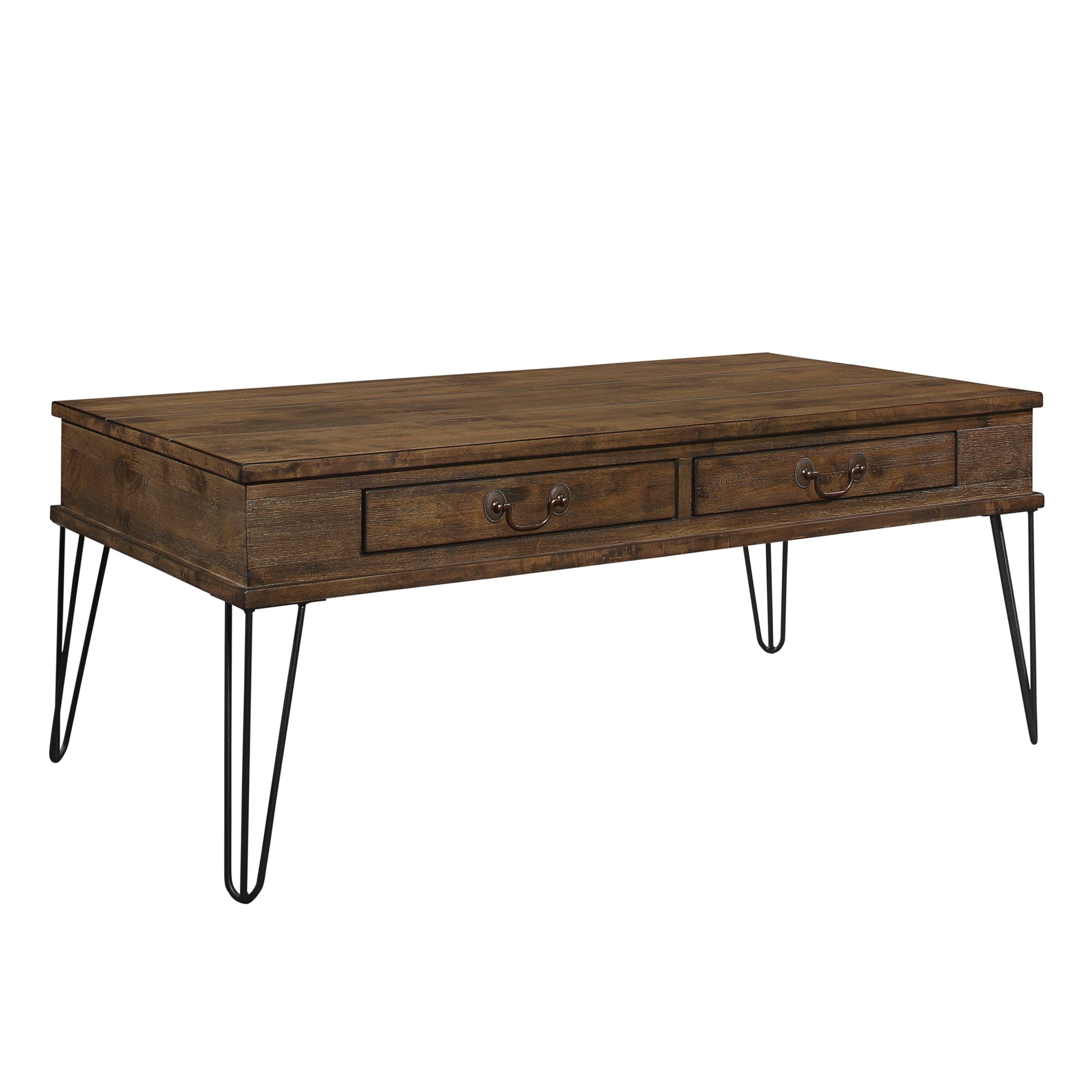 Rustic Oak and Black Finish Classic Rectangular Cocktail Table with 2 Drawers Metal Legs