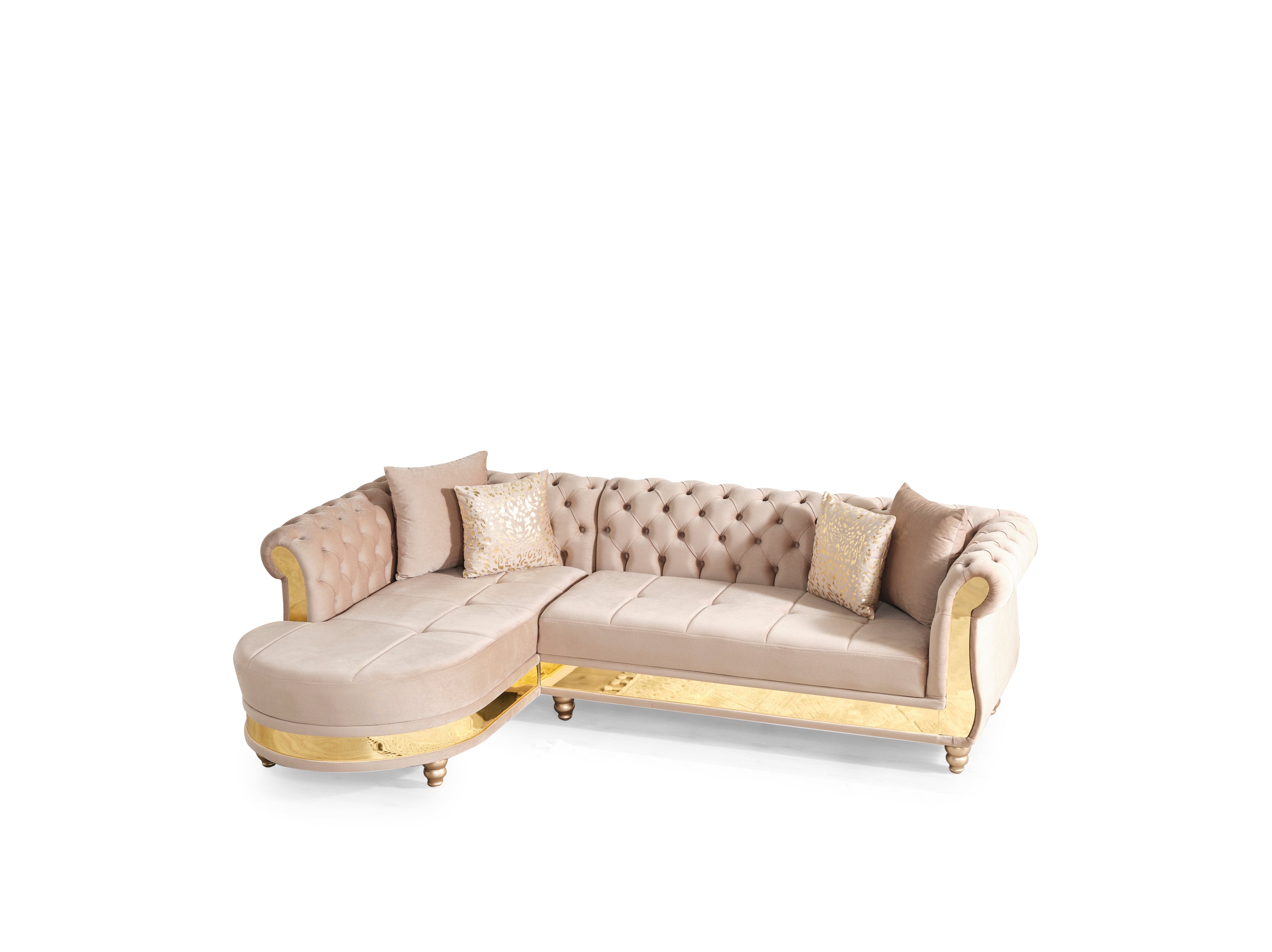 Gold Detailed Tufted Upholstery Sectional made with Wood In Taupe