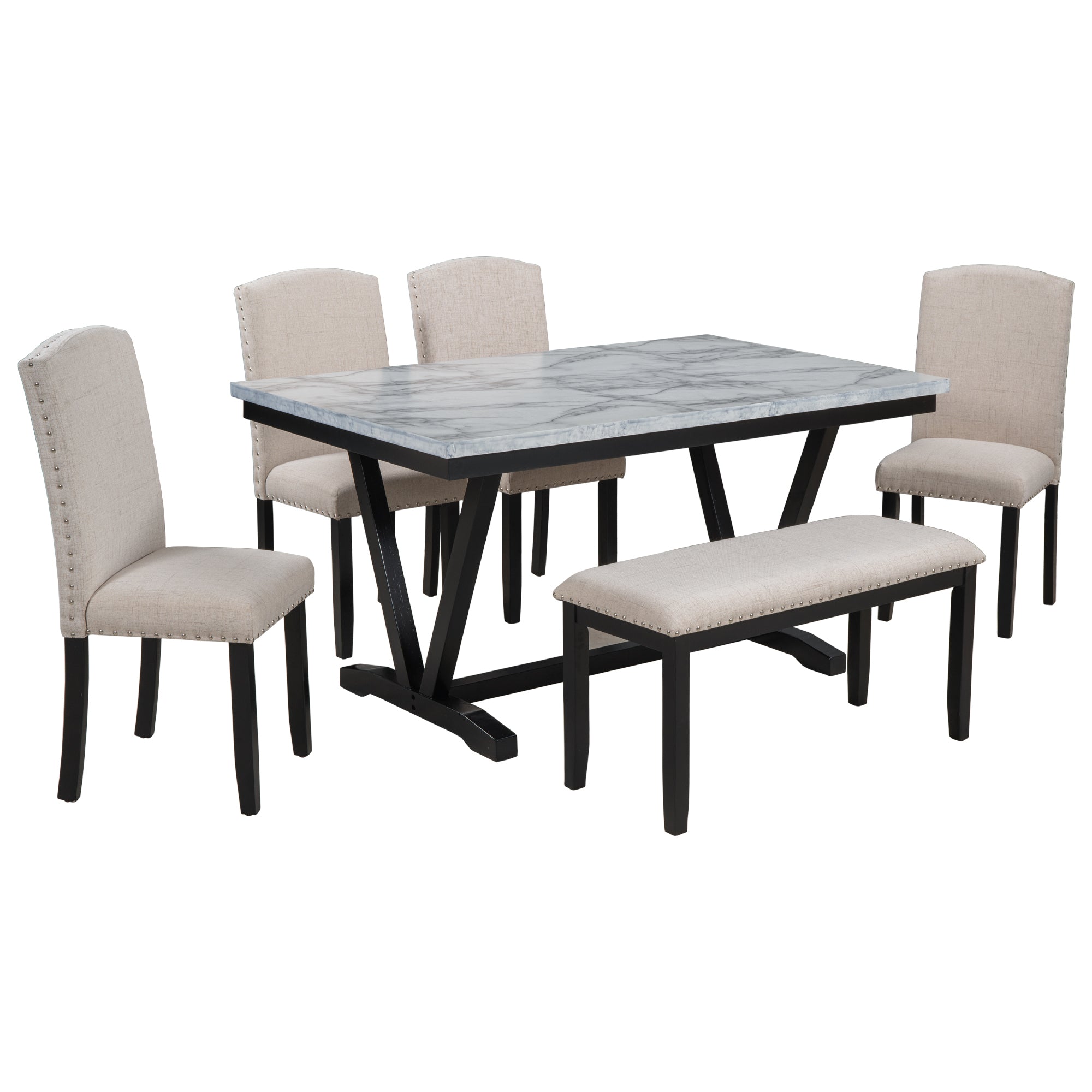 Modern Style 6-piece Dining Table with 4 Chairs & 1 Bench