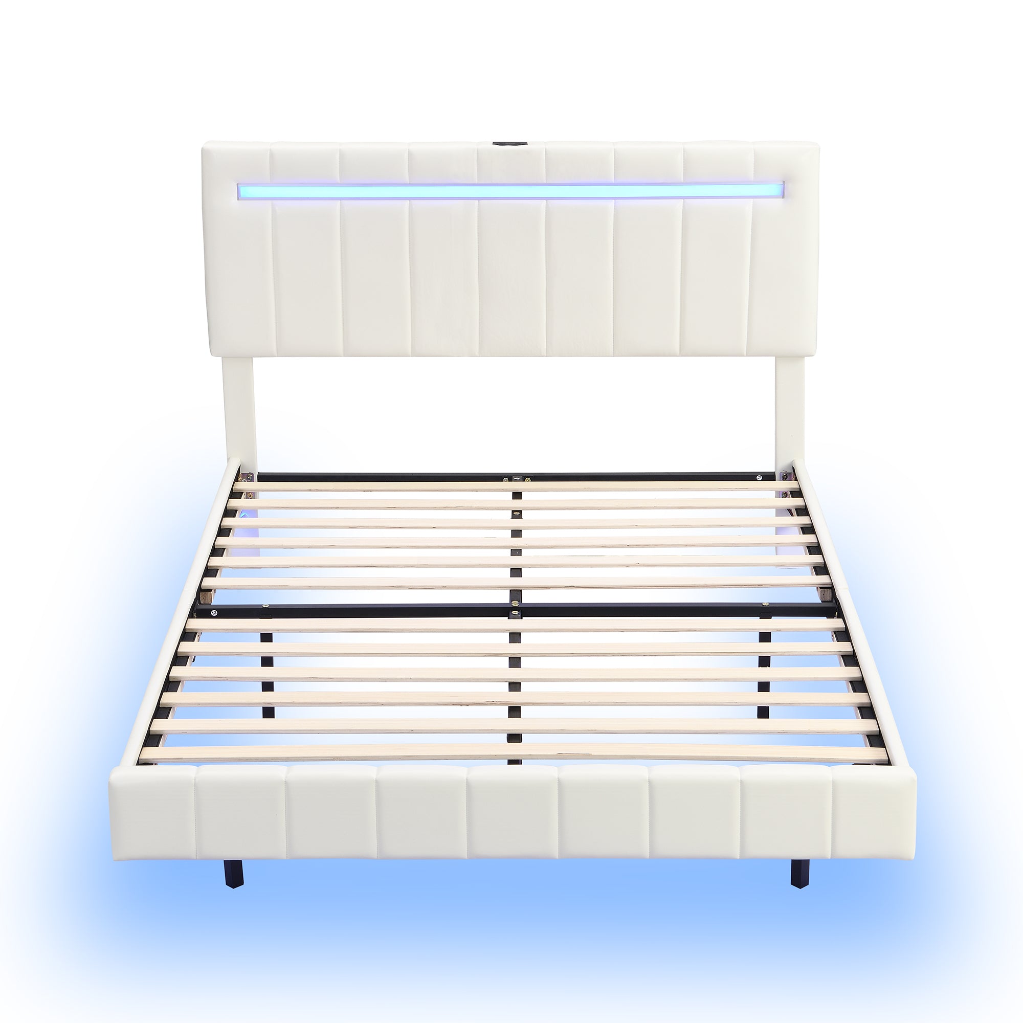 Queen Size Floating Bed Frame with LED Lights and USB Charging, Modern Upholstered Platform LED Bed Frame