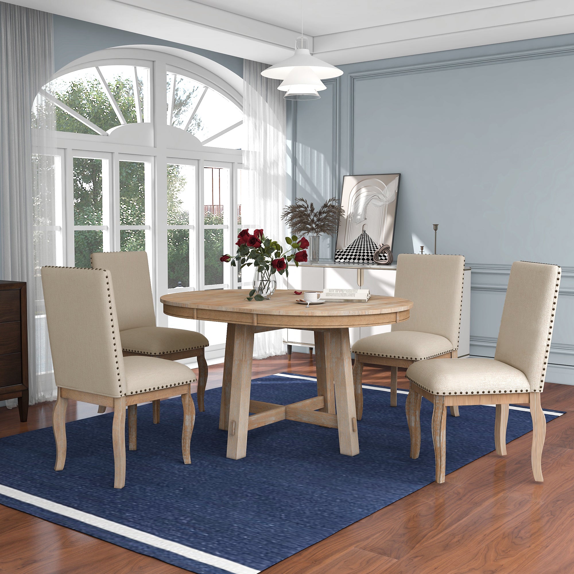 5-Piece Farmhouse Dining Table Set Wood Round Extendable Dining Table and 4 Dining Chairs