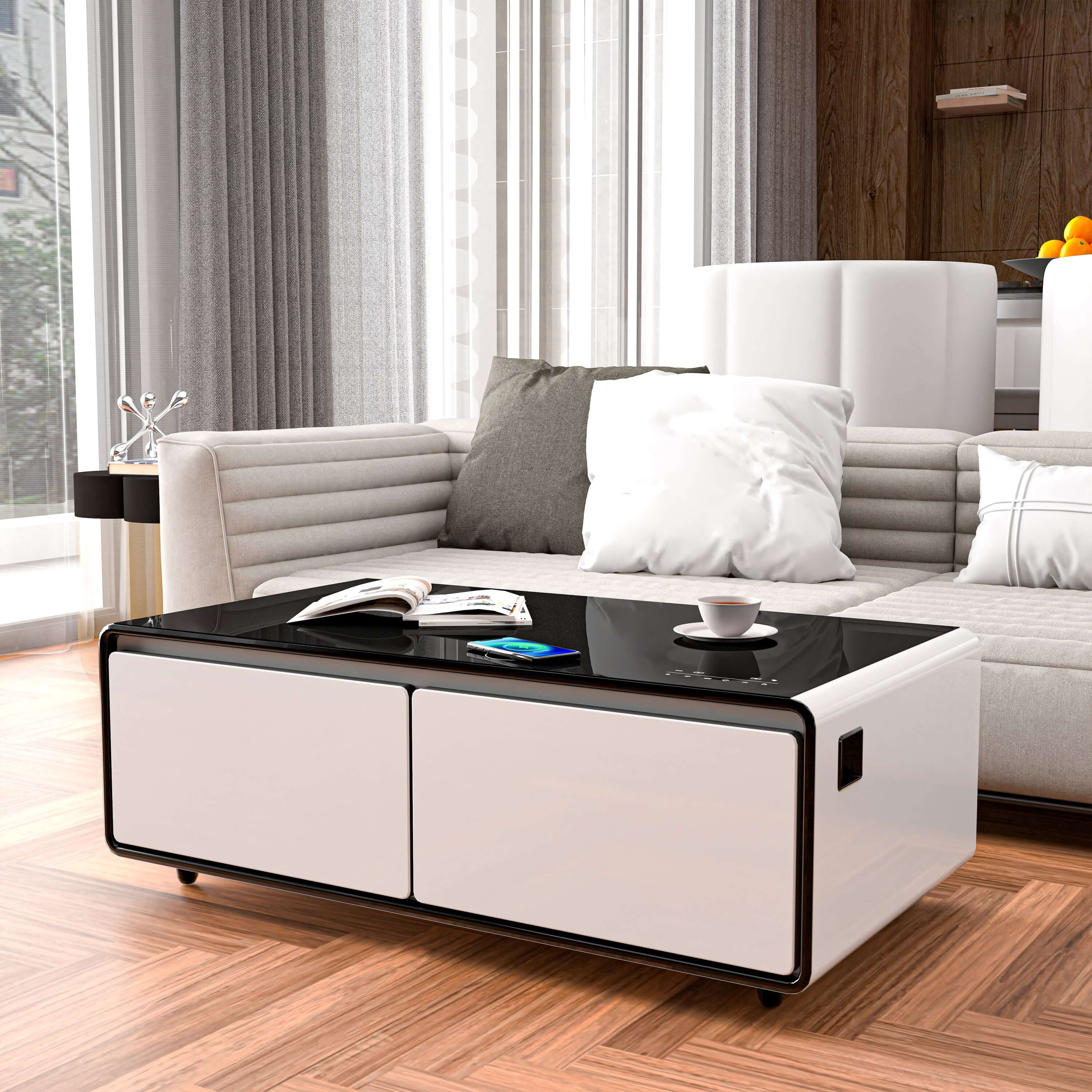 Smart Coffee Table with Built-in Fridge, Bluetooth Speaker, Wireless Charging