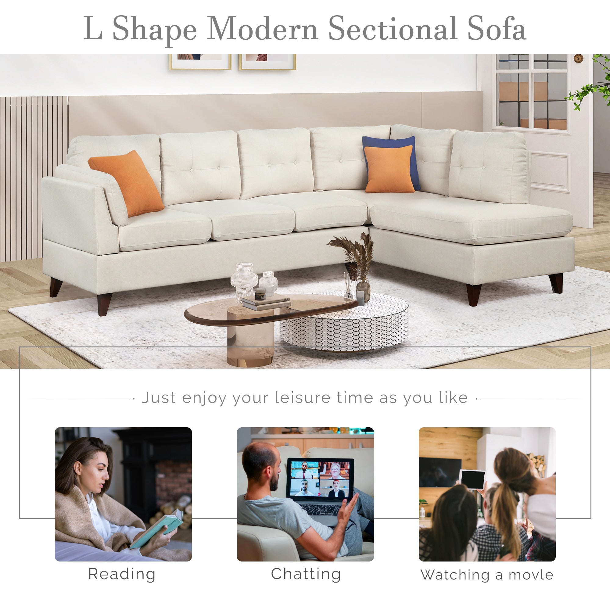 97.2" Modern Linen Fabric Sofa, L-Shape Couch with Chaise Lounge